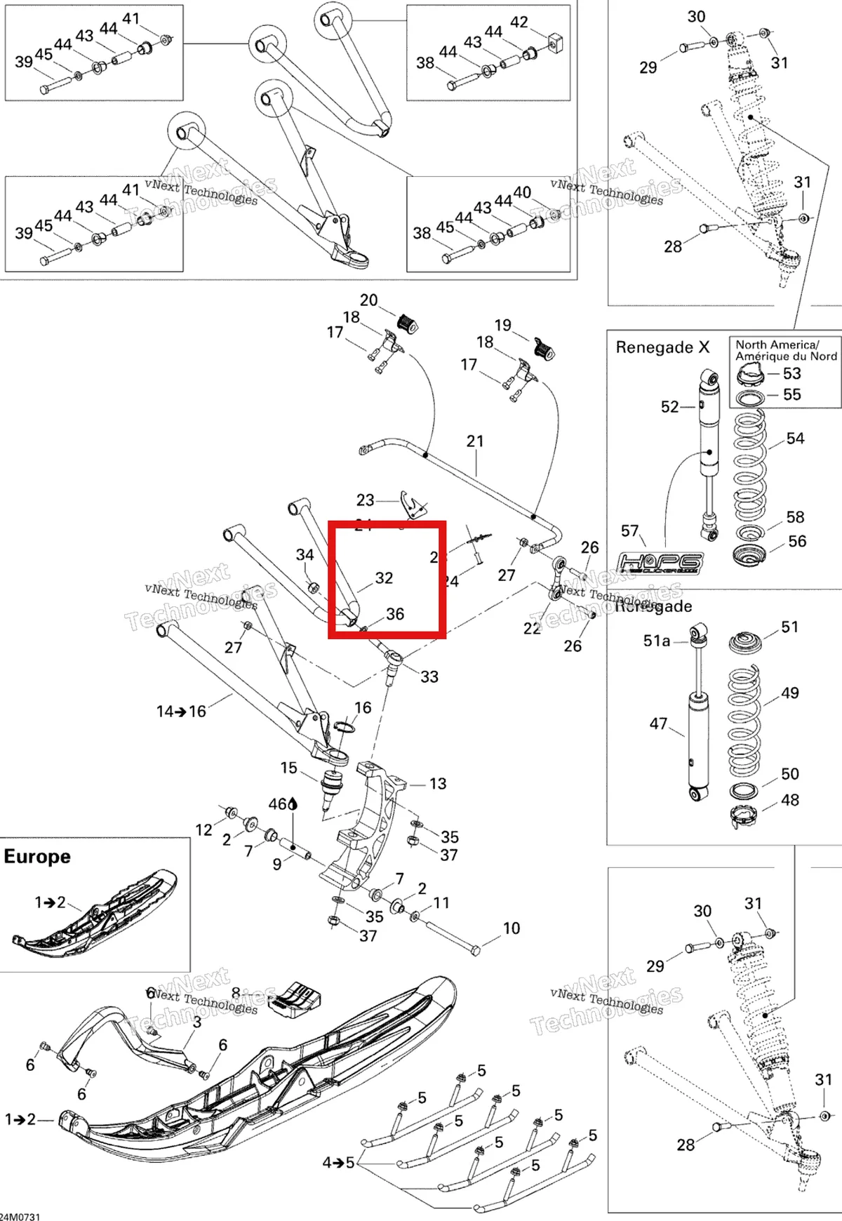 Деталь 505072029 на схеме узла 2007 Ski-Doo MX Z 1000 SDI Renegade RT Front Suspension And Ski
