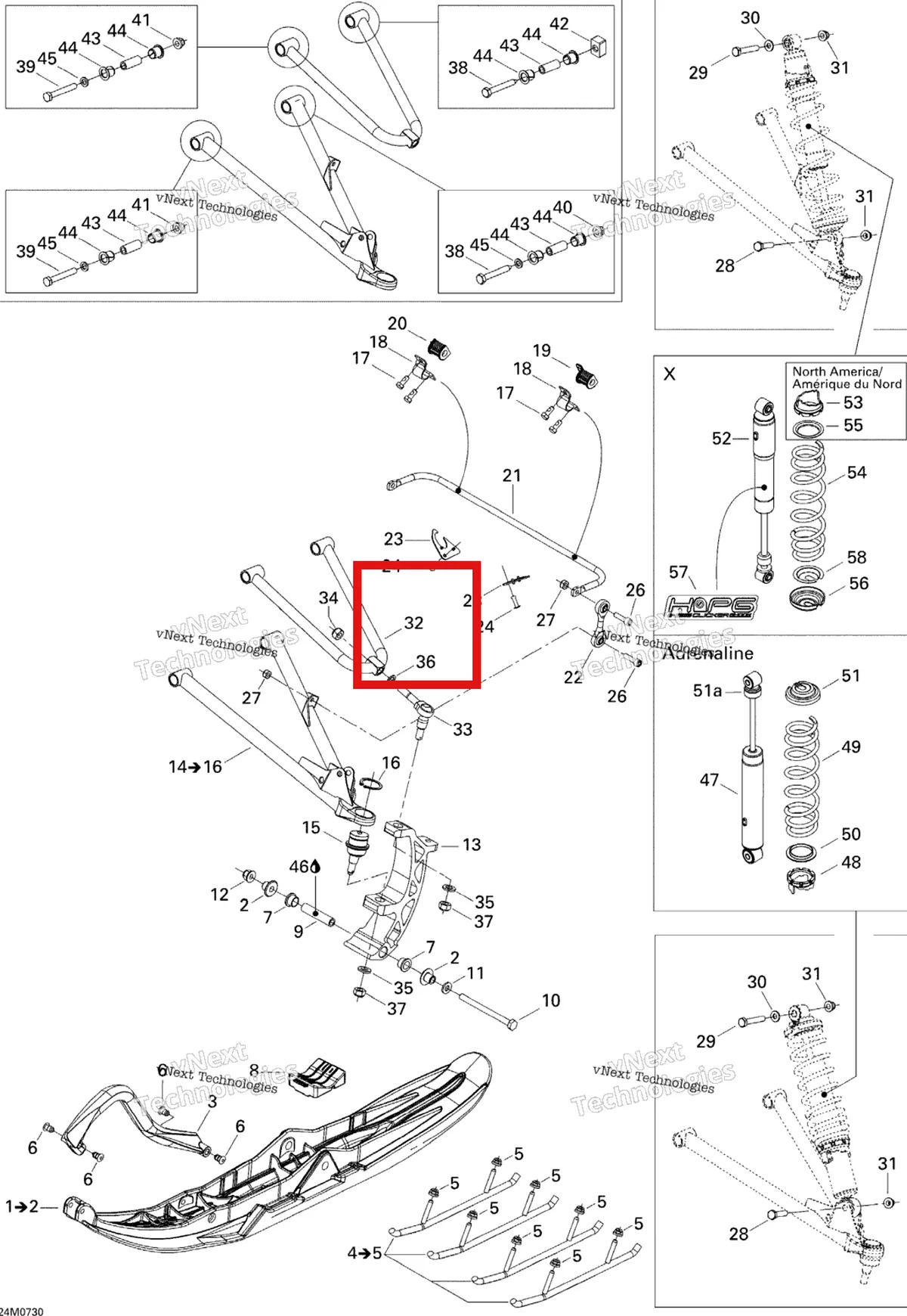 Деталь 505072030 на схеме узла 2007 Ski-Doo MACH Z X Front Suspension And Ski X