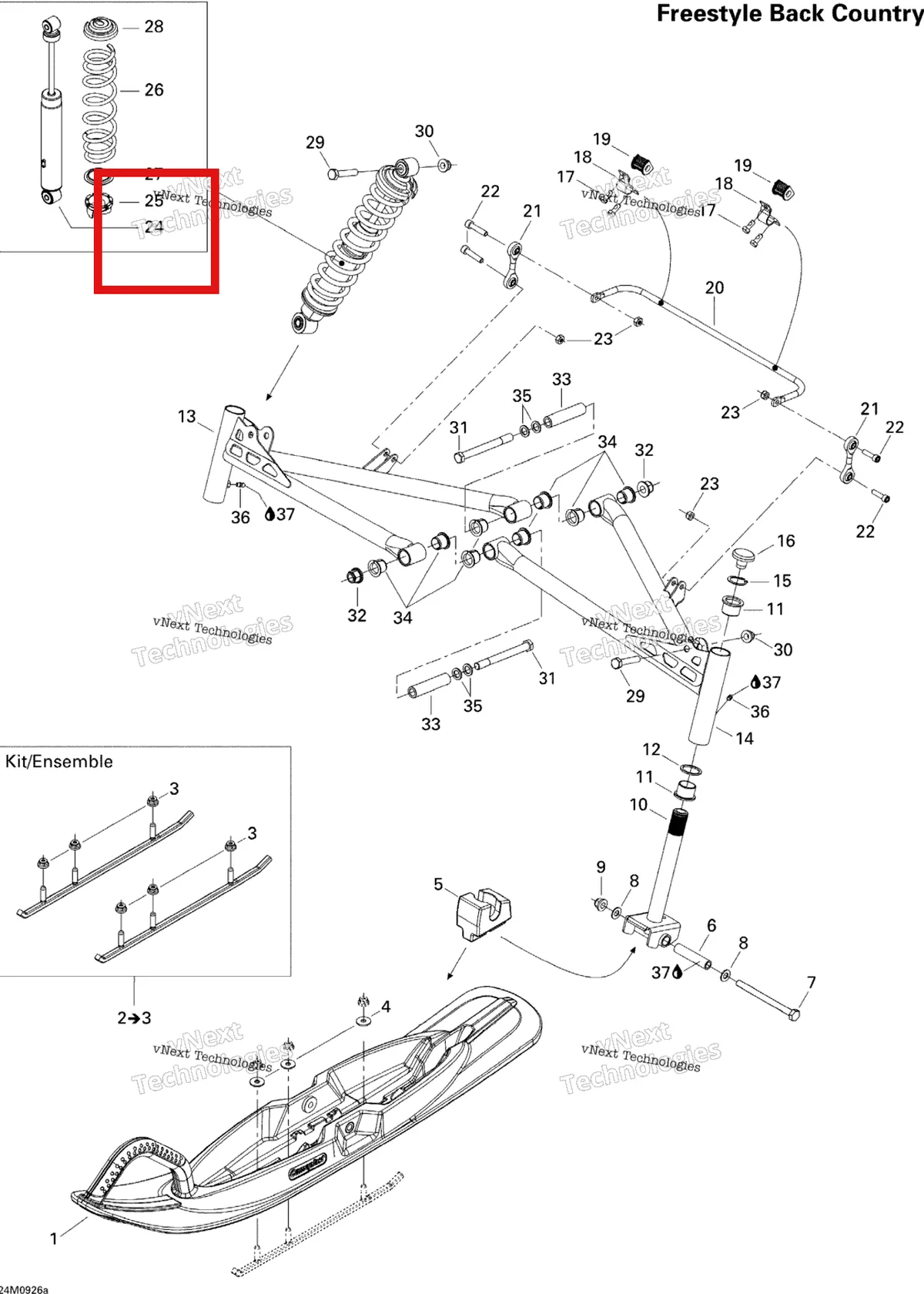 Деталь 505072191 (Деталь Front Shock) на схеме узла 2009 Ski-Doo Freestyle Back Country Front Suspension And Ski Cu