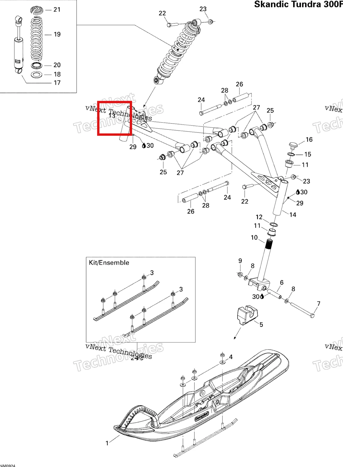 Деталь 505072193 (Деталь Rh Lower Arm) на схеме узла 2009 Ski-Doo Skandic Tundra Front Suspension And Ski