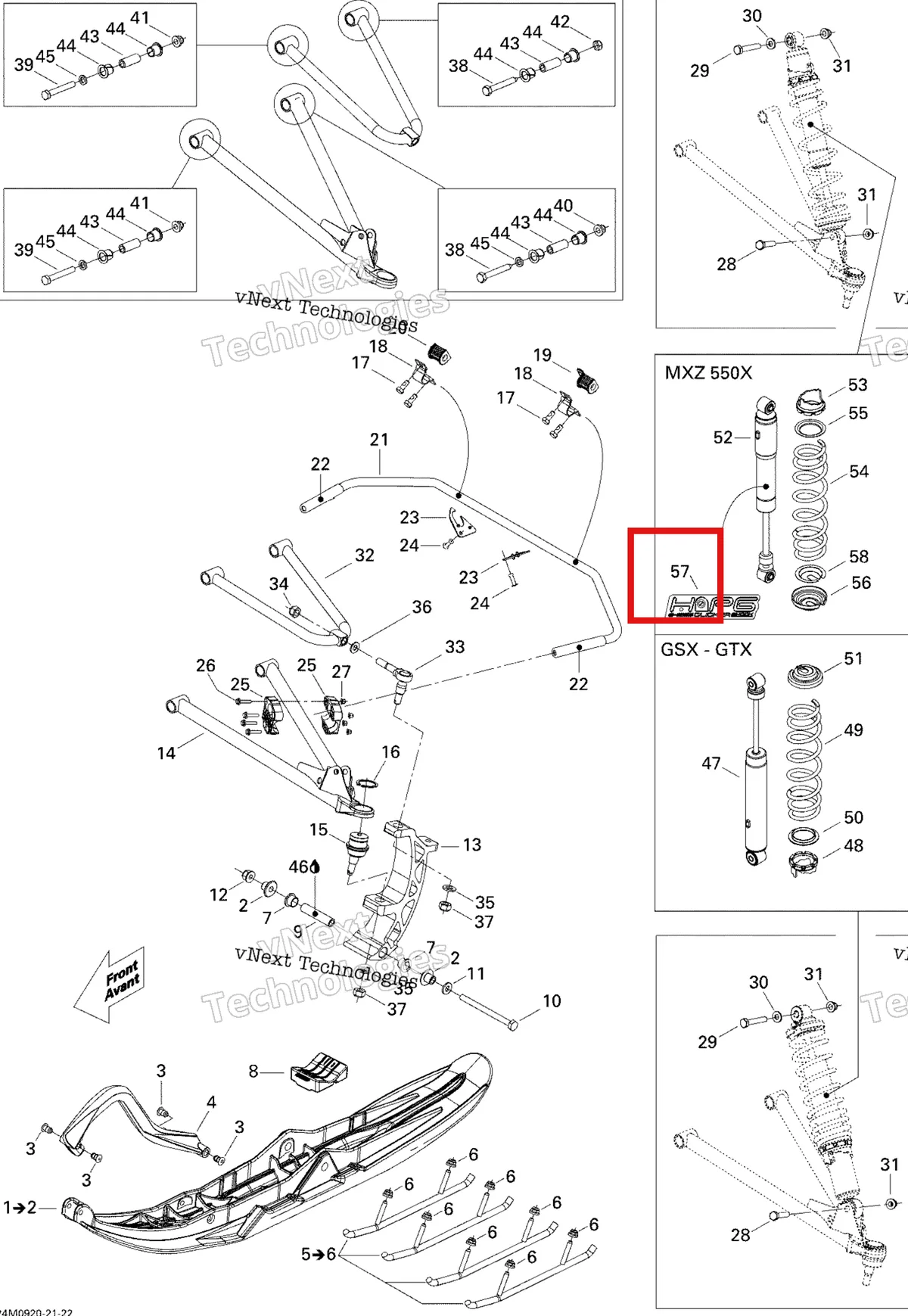 Деталь 505072222 на схеме узла 2009 Ski-Doo GSX Fan Front Suspension And Ski