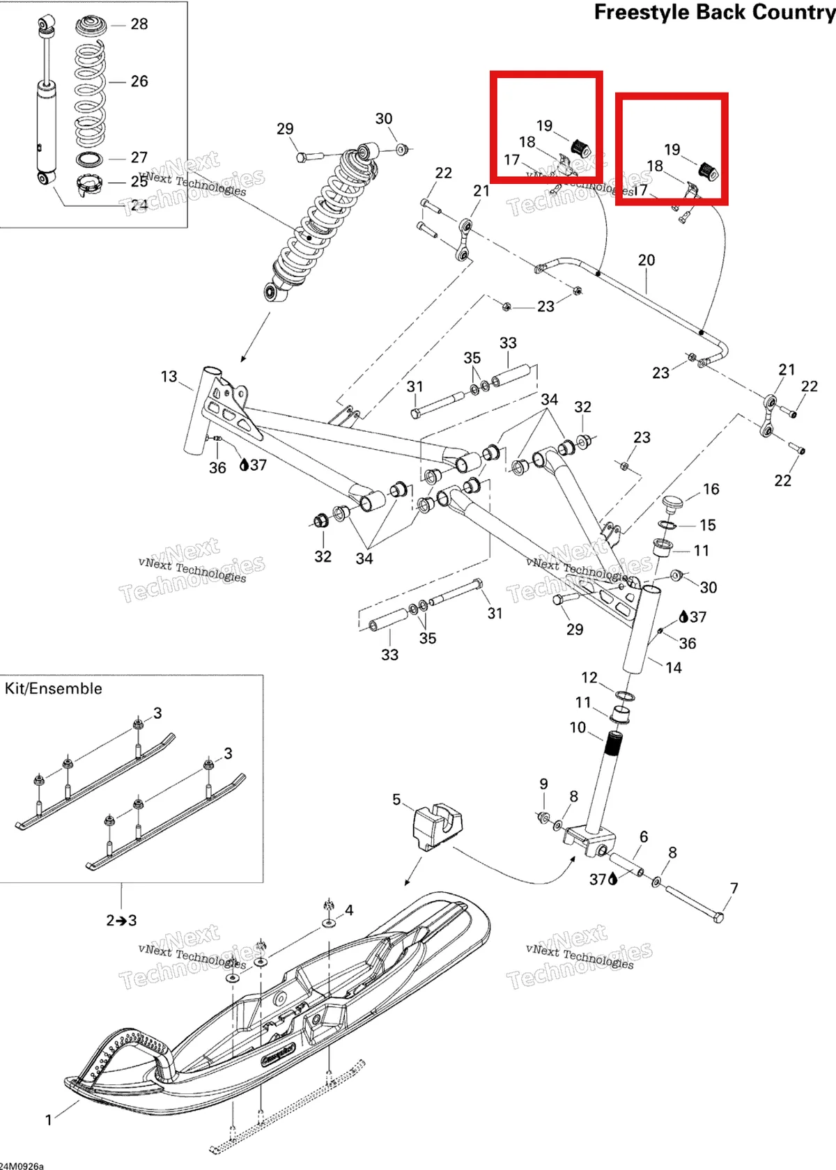 Деталь 505072225 (Деталь Torsion Bushing) на схеме узла 2009 Ski-Doo Freestyle Back Country Front Suspension And Ski Cu