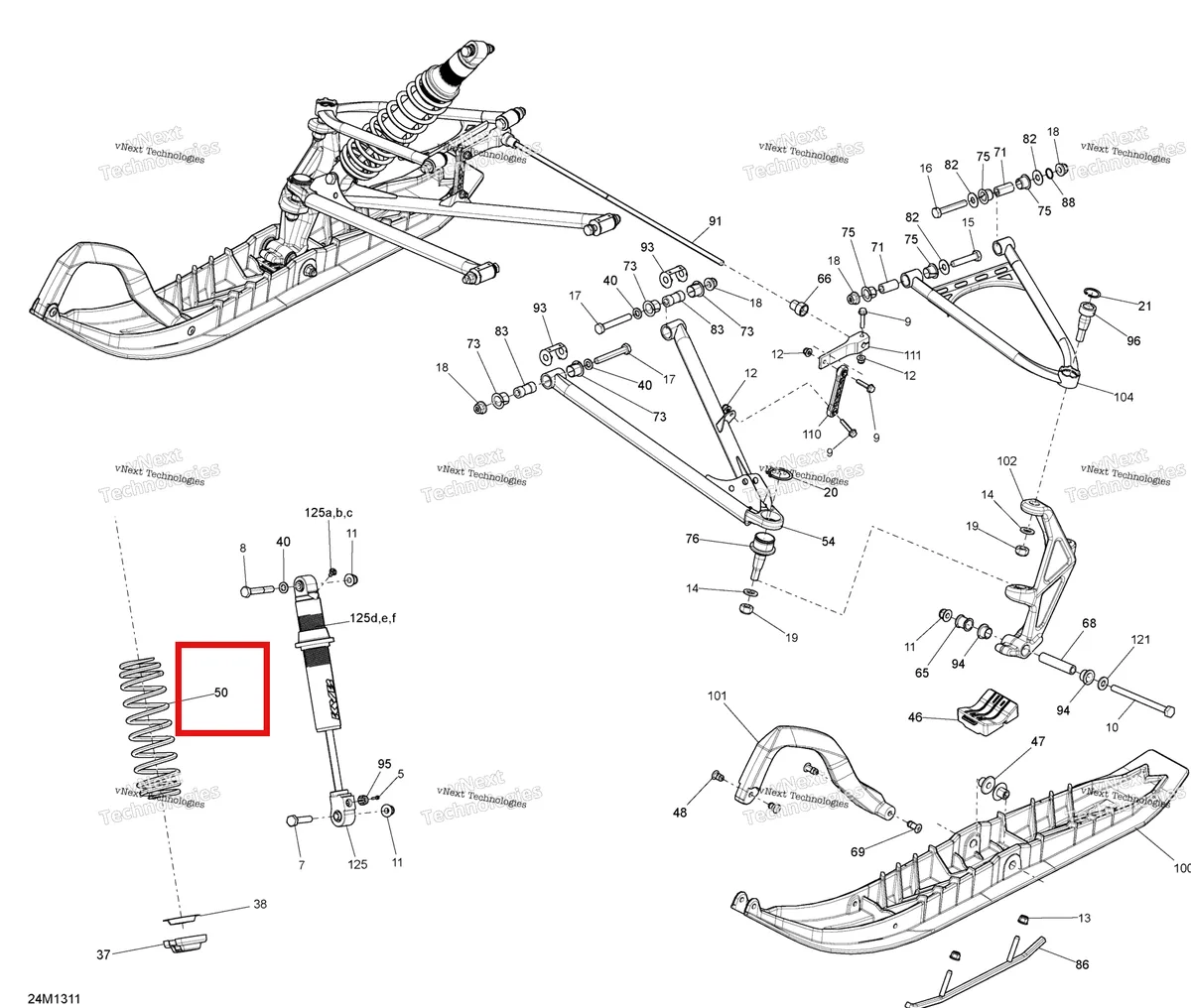 Деталь 505072233 на схеме узла 2013 Ski-Doo RENEGADE BACK COUNTRY 800RE XP Front Suspension And Ski