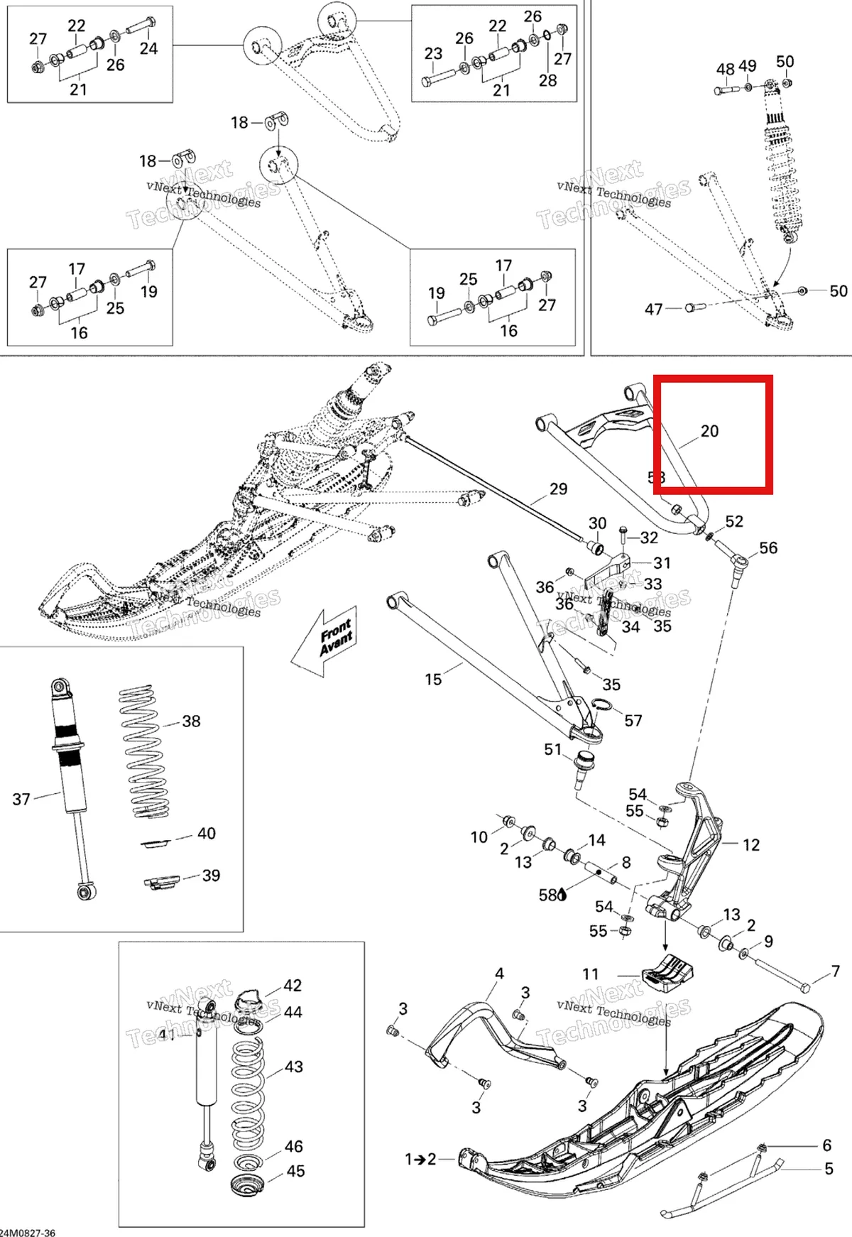 Деталь 505072390 (Деталь Upper Arm) на схеме узла 2008 Ski-Doo Summit X 800R Front Suspension And Ski