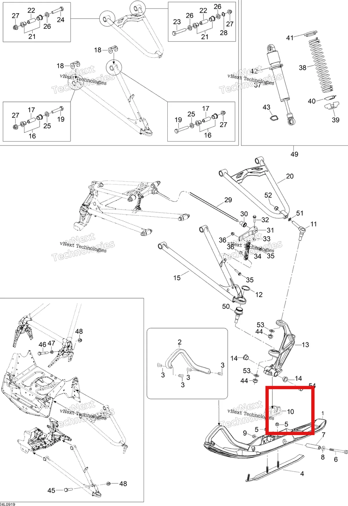 Деталь 505072561 (Резиновый Демпфер) на схеме узла 2009 Ski-Doo Expedition TUV 600 H.O. SDI REV-XU Front Suspension And Ski