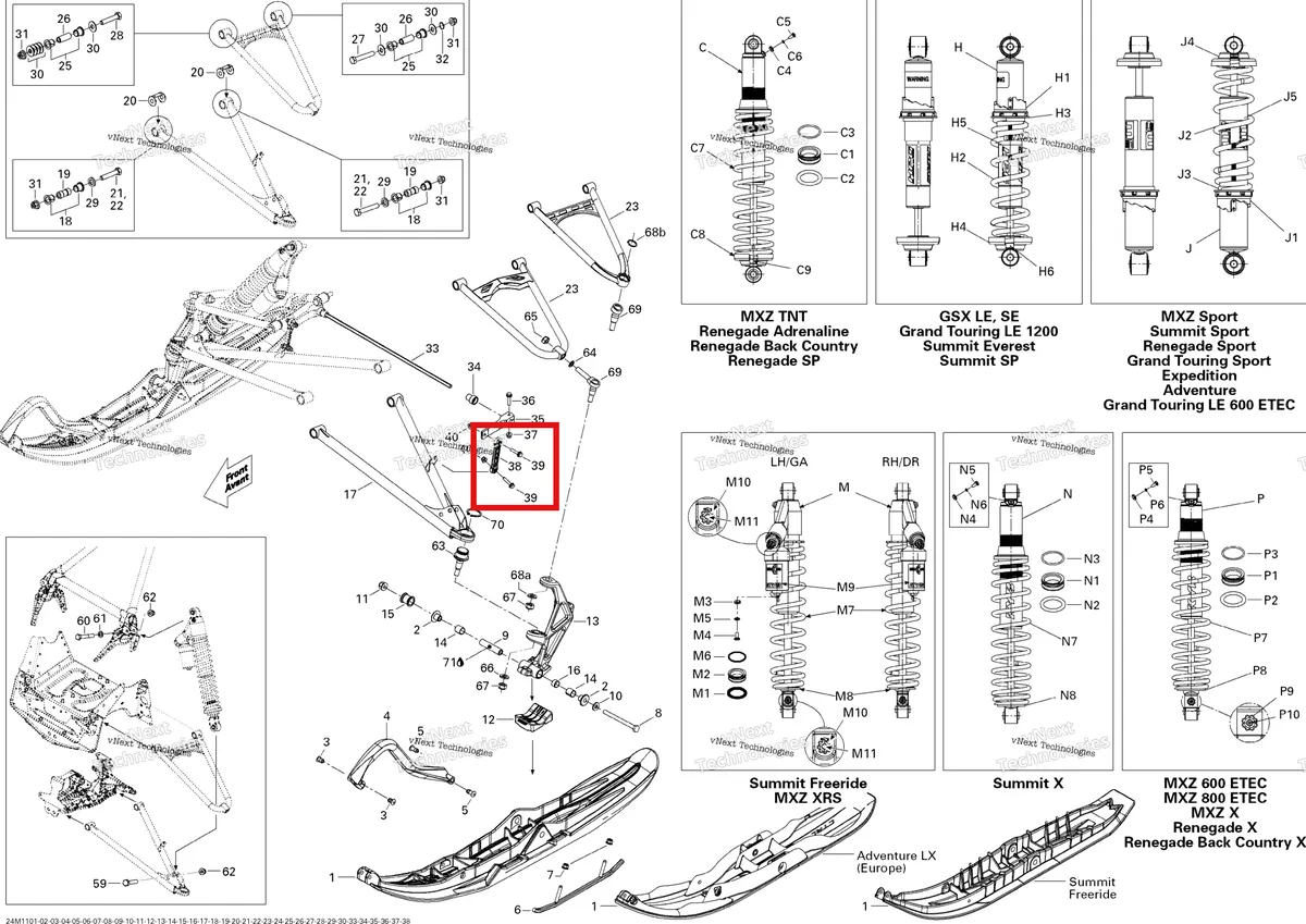 Деталь 505072608 на схеме узла 2011 Ski-Doo Summit FREERIDE 800R E-TEC Front Suspension And Ski