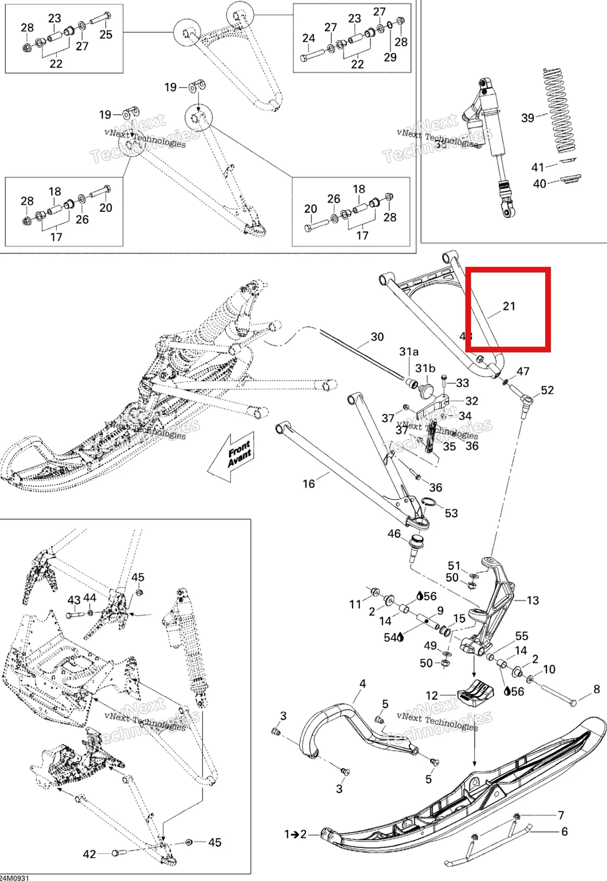 Деталь 505072650 (Деталь Upper Arm L.h.) на схеме узла 2009 Ski-Doo MX Z X 600RS Front Suspension And Ski