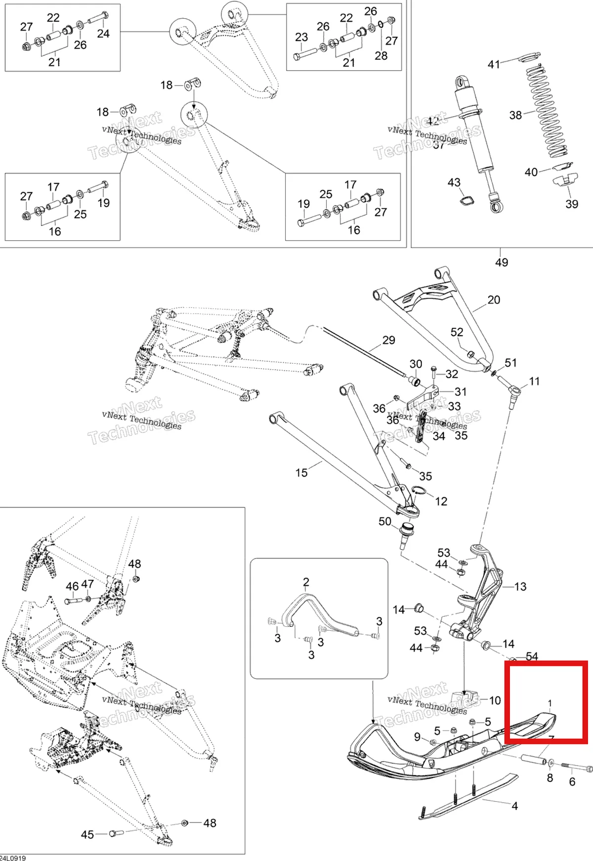 Деталь 505072673 (Деталь Ski Control Plastic) на схеме узла 2009 Ski-Doo Expedition TUV 600 H.O. SDI REV-XU Front Suspension And Ski