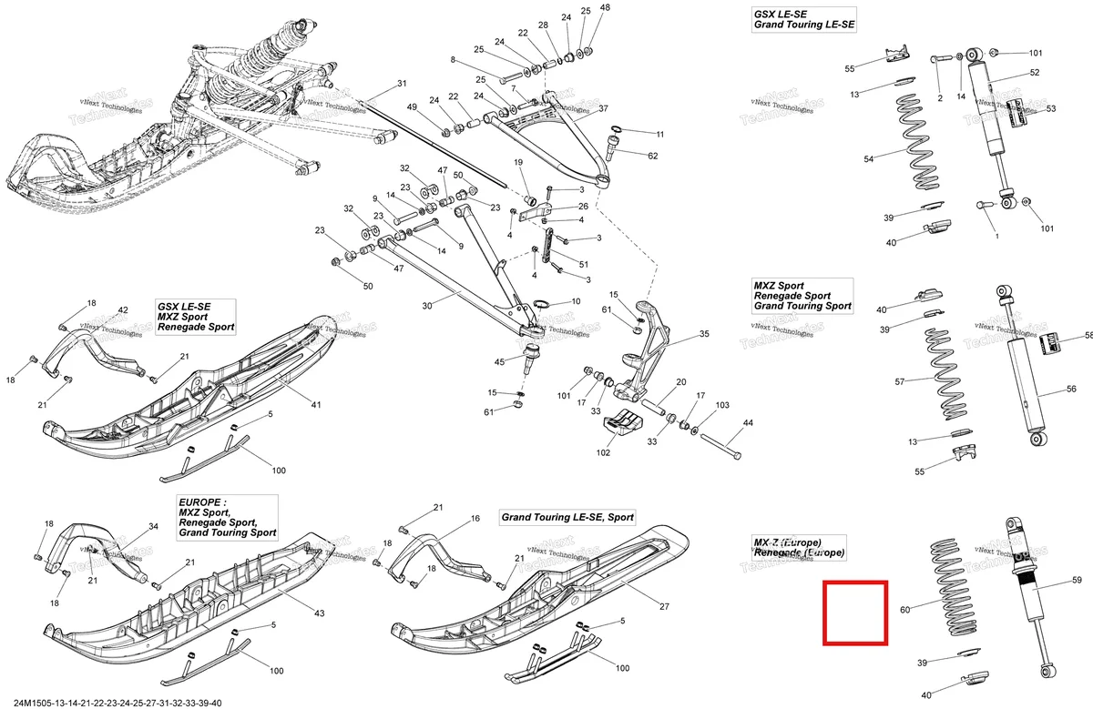 Деталь 505072676 (Деталь Rh Lower Arm) на схеме узла 2015 Ski-Doo GRAND TOURING LE 900ACE XR137 Front Suspension And Ski