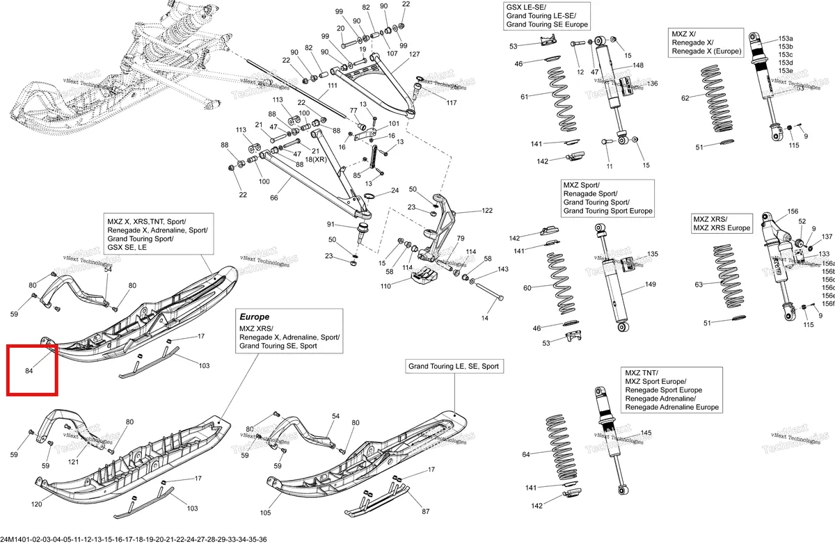 Деталь 505072943 на схеме узла 2014 Ski-Doo RENEGADE X 600HOE XS Front Suspension And Ski