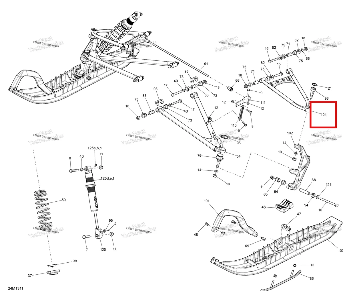 Деталь 505073076 (Деталь Upper Arm Rh) на схеме узла 2013 Ski-Doo RENEGADE BACK COUNTRY 800RE XP Front Suspension And Ski