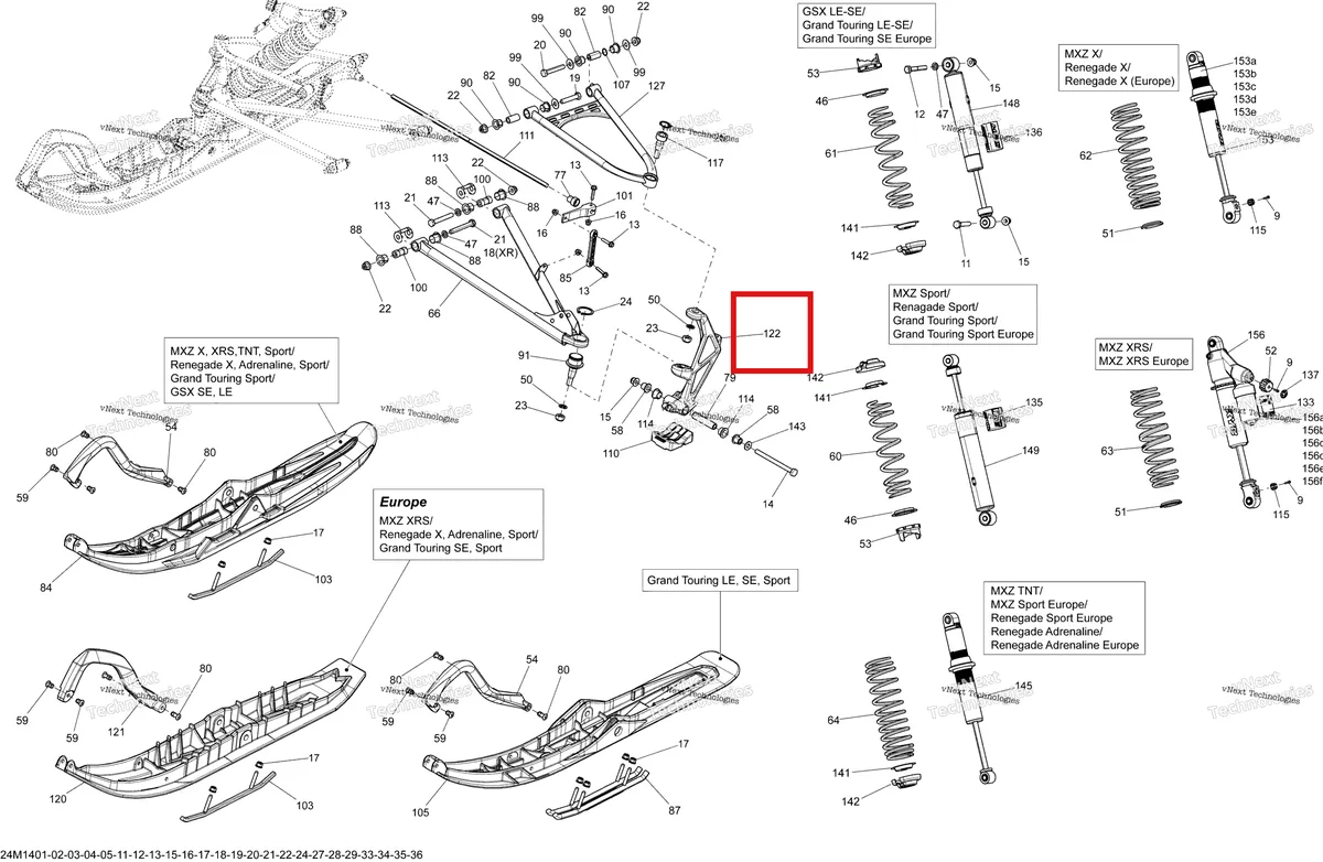 Деталь 505073173 на схеме узла 2014 Ski-Doo RENEGADE X 600HOE XS Front Suspension And Ski
