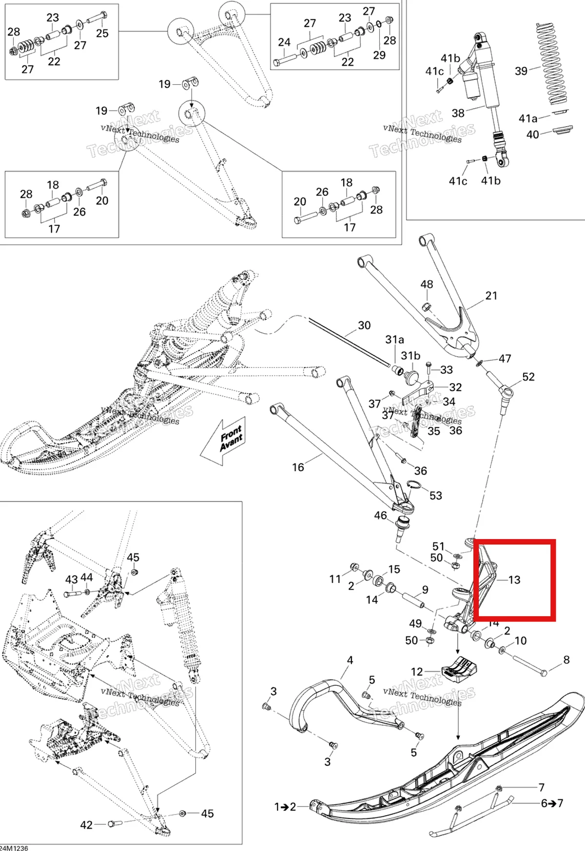 Деталь 505073182 на схеме узла 2012 Ski-Doo MX Z X 600RS Front Suspension And Ski