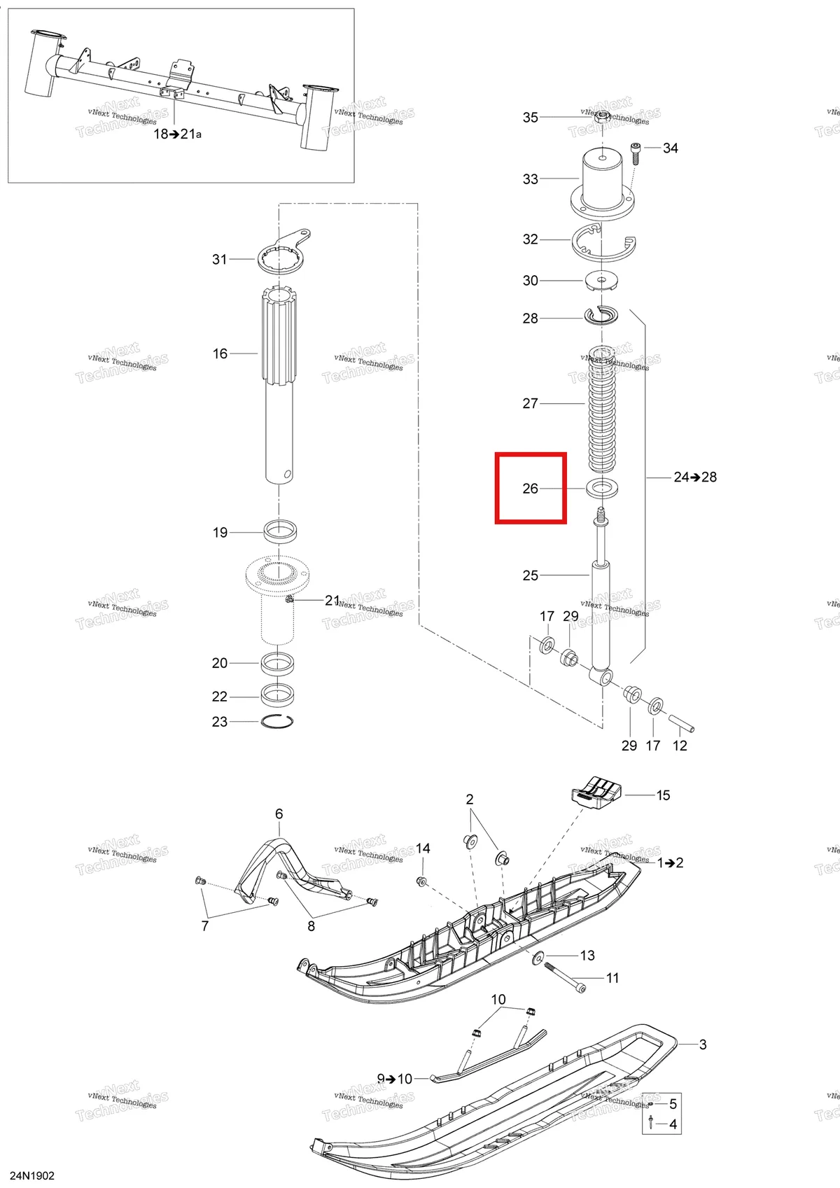 Деталь 505073207 (Шайба) на схеме узла 2019 Ski-Doo SKANDIC SWT 550F Front Suspension And Ski