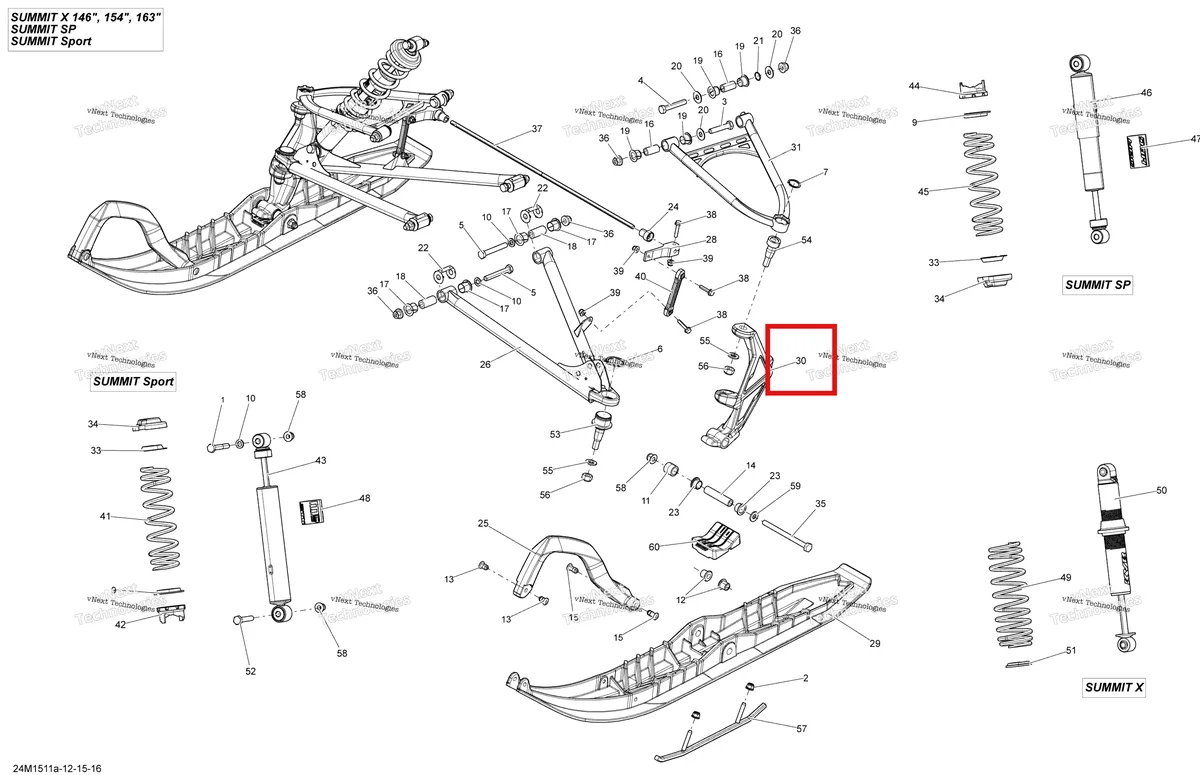 Деталь 505073238 (Деталь Black Lh Ski Leg) на схеме узла 2015 Ski-Doo SUMMIT X 800RETEC XM-146 Front Suspension And Ski 146, 154, 163