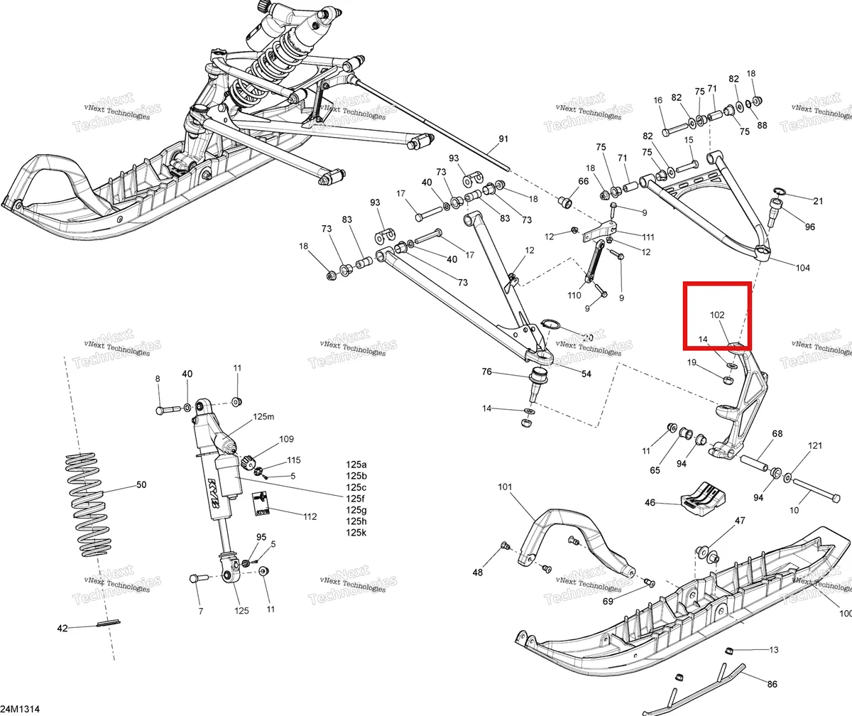 Деталь 505073247 на схеме узла 2013 Ski-Doo FREERIDE 137, 146, 154, 800RE XP Front Suspension And Ski