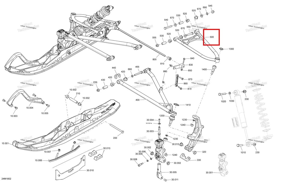 Деталь 505073412 (Деталь Black Lh Upper Arm) на схеме узла 2018 Ski-Doo RENEGADE 800R E-TEC Front Suspension And Ski Renegade - Package Enduro