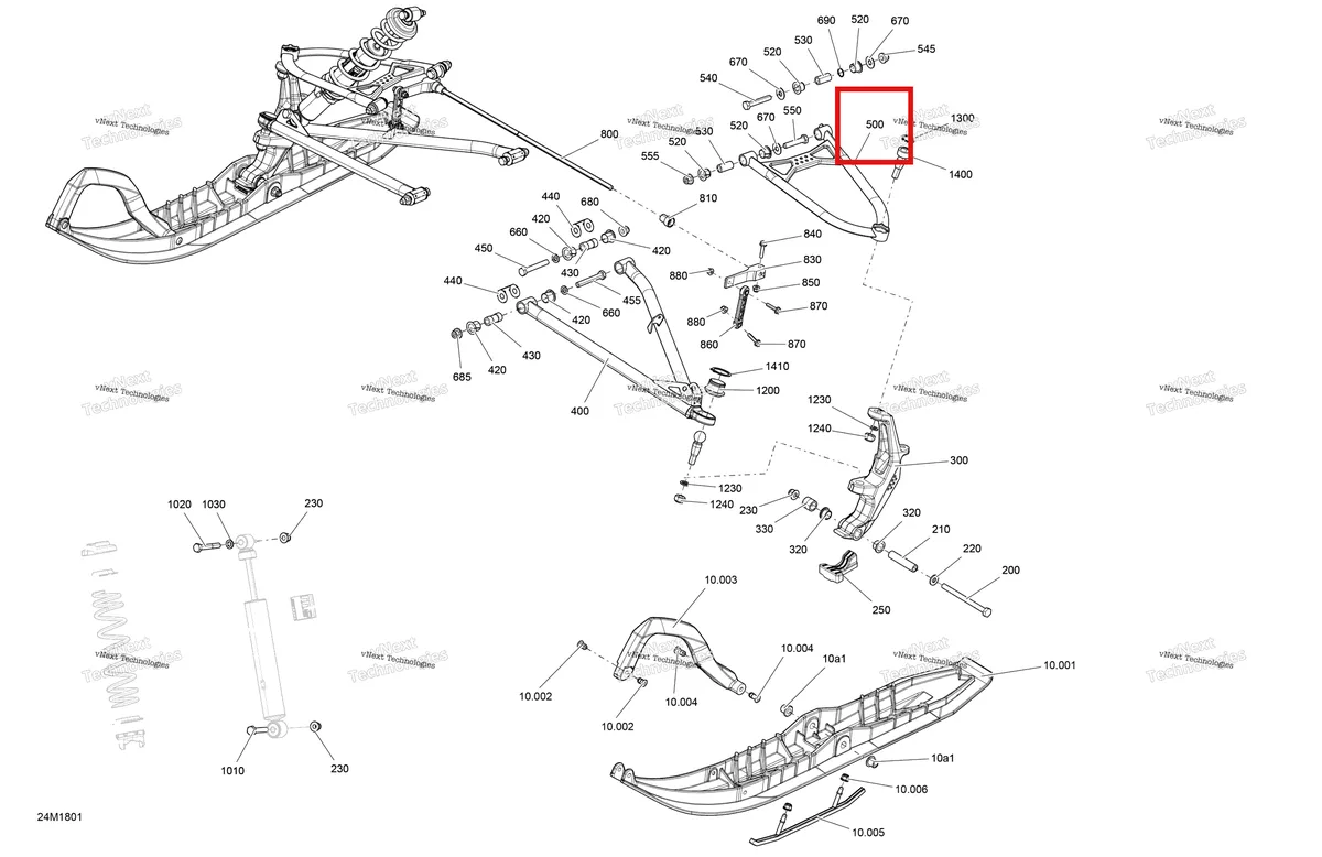 Деталь 505073435 (Деталь Black Rh Upper Arm) на схеме узла 2018 Ski-Doo SUMMIT 600HO E-TEC Front Suspension And Ski Summit - 600Ho E-Tec - Package Sp