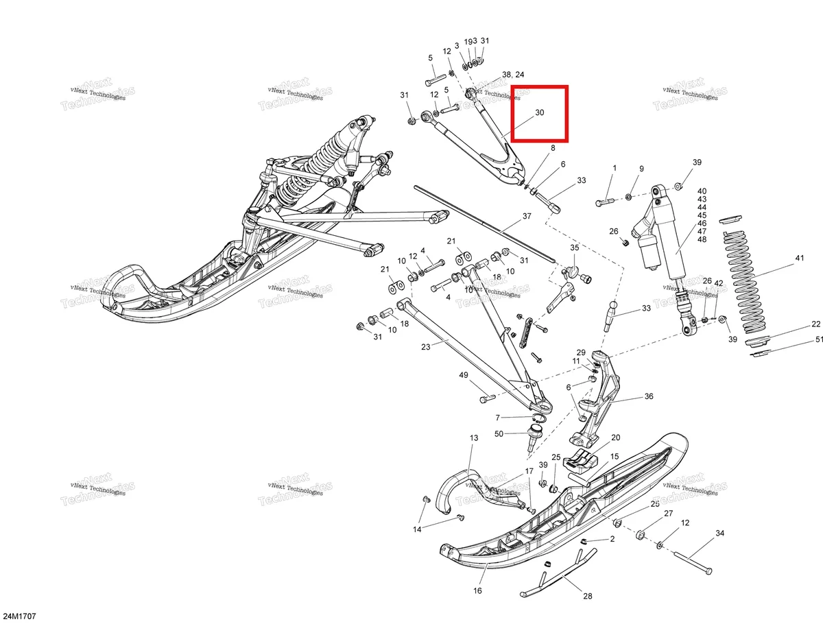 Деталь 505073528 (Деталь Upper Arm Rh) на схеме узла 2017 Ski-Doo MXZ 600 RS Front Suspension And Ski