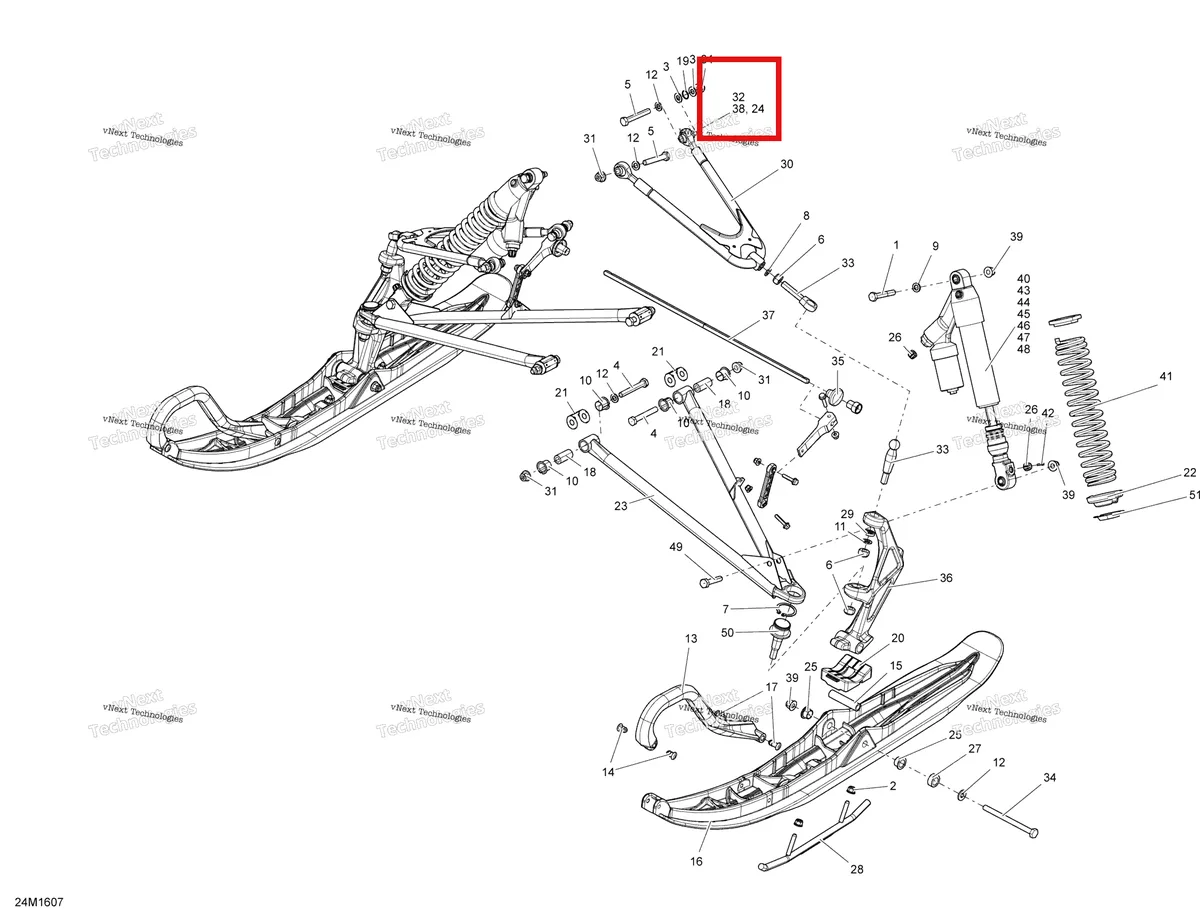 Деталь 505073534 (Деталь Black Rh Upper Arm. Includes 23 To 25) на схеме узла 2016 Ski-Doo MXZ 600 RS Front Suspension And Ski