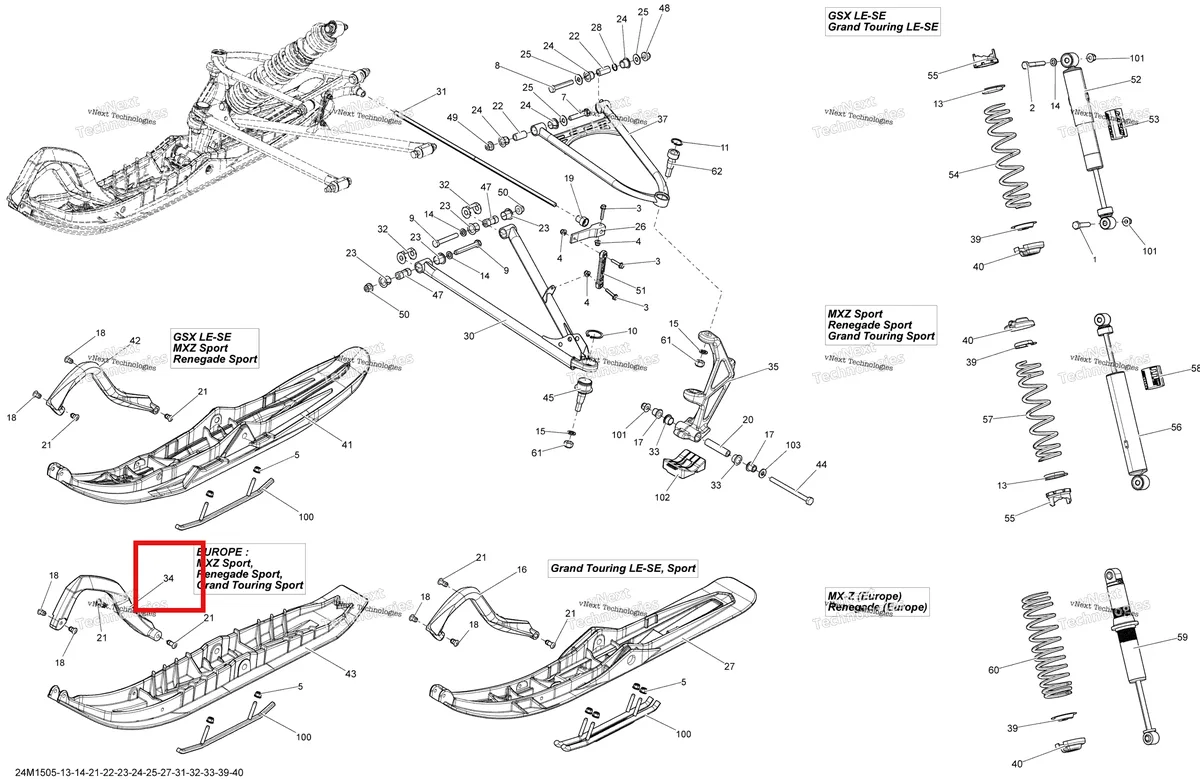 Деталь 505073651 (Деталь Orange Handle) на схеме узла 2015 Ski-Doo RENEGADE SPORT 600ACE XS137 Front Suspension And Ski