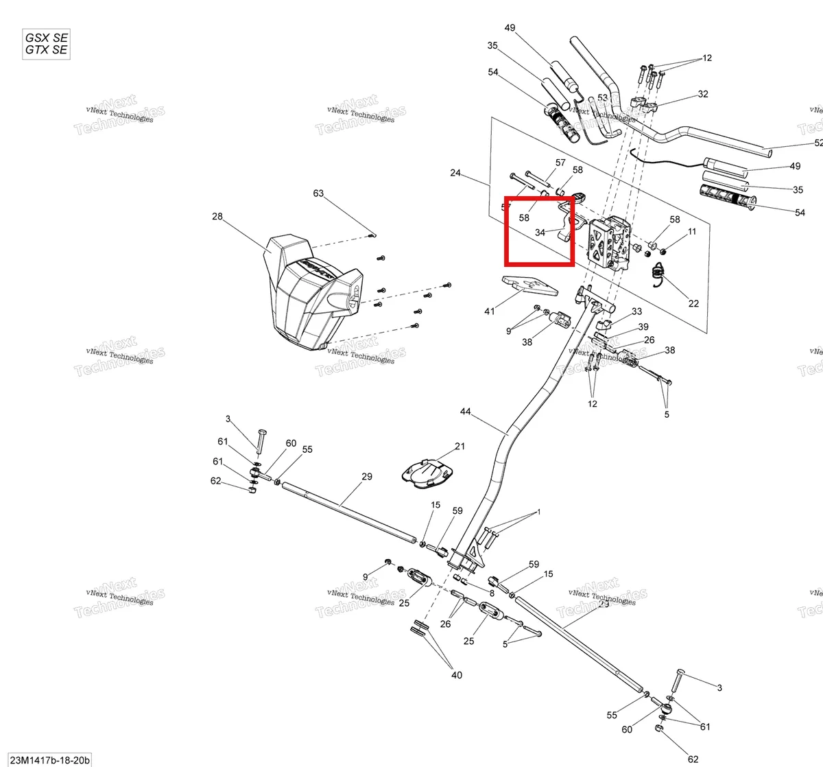 Деталь 506152411 (Деталь Handle Ass'y) на схеме узла 2014 Ski-Doo GSX SE 12004TEC XR Steering Se