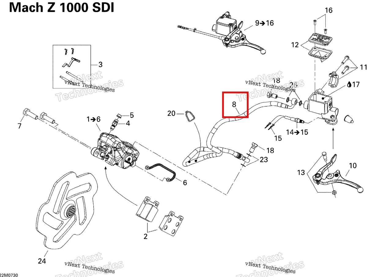 Деталь 507032384 (Шланг) на схеме узла 2007 Ski-Doo MACH Z Adrenaline Hydraulic Brakes Adr