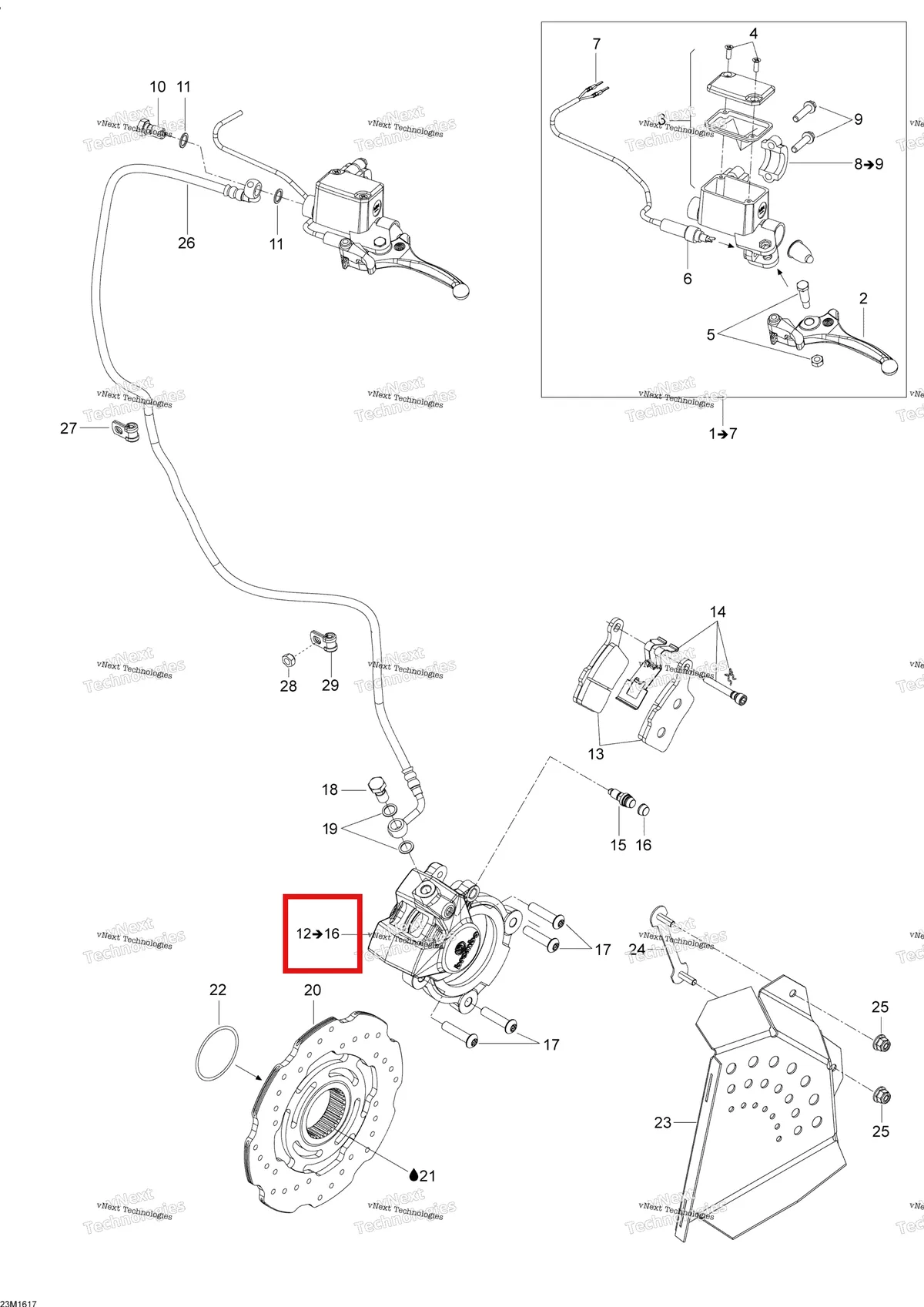 Деталь 507032498 (Тормозной суппорт Включает 12 До 16) на схеме узла 2016 Ski-Doo SKANDIC - 2-STROKE Hydraulic Brakes