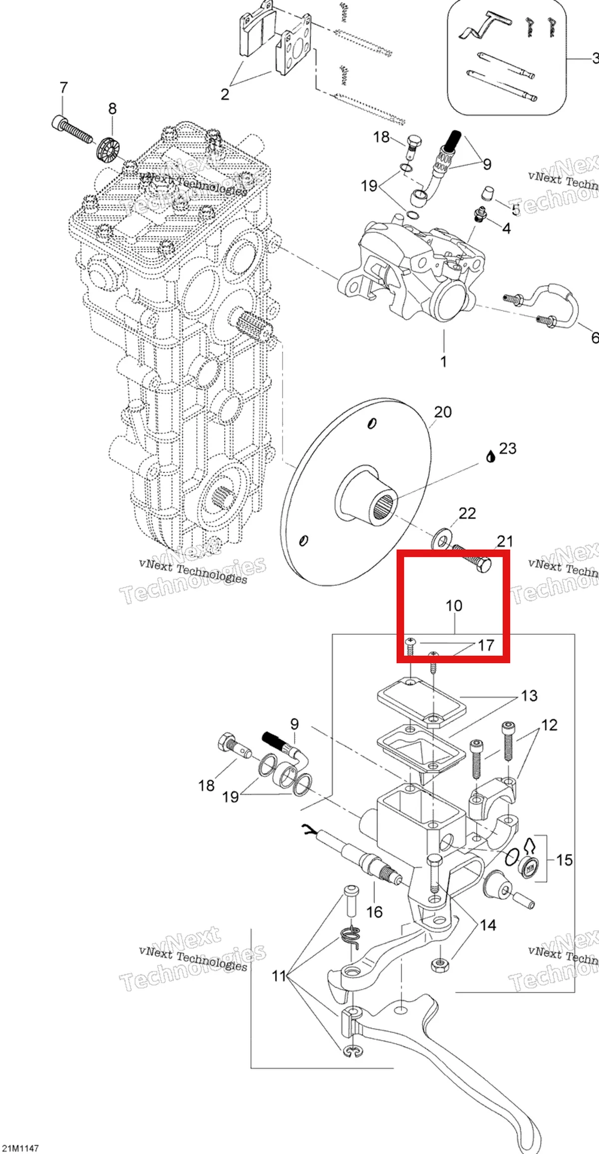Деталь 507032512 (Деталь Master Cylinder. Includes 10 To 17) на схеме узла 2012 Ski-Doo Skandic SWT V800 YetiII Brakes