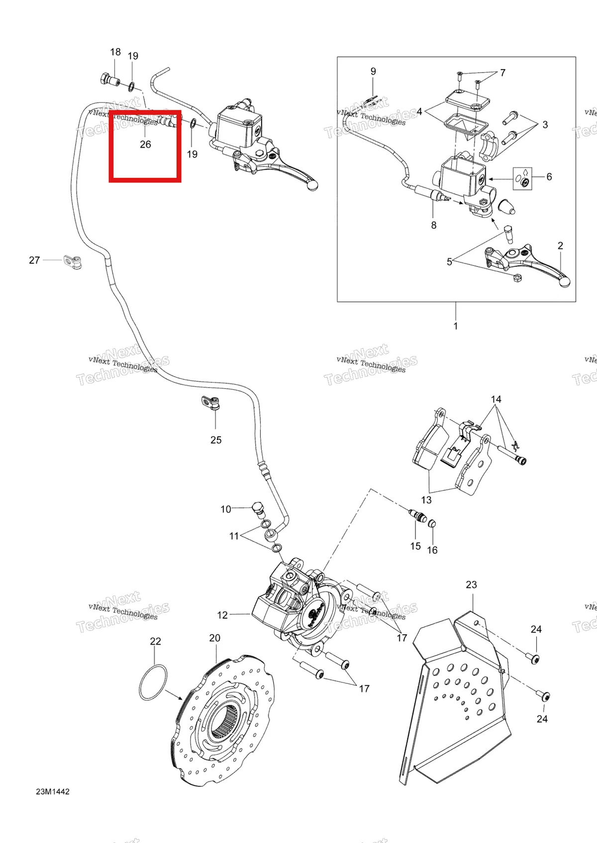 Деталь 507032538 (Шланг) на схеме узла 2014 Ski-Doo EXPEDITION SE 1200 XU Hydraulic Brakes