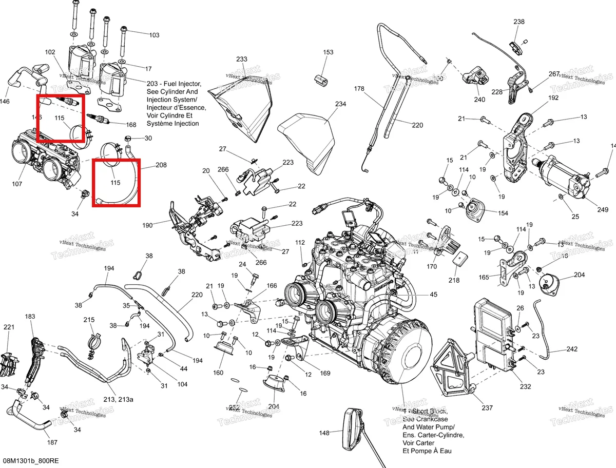 Деталь 508000007 (Зажим) на схеме узла 2013 Ski-Doo MXZ TNT 800RETEC XS Engine And Engine Support 800