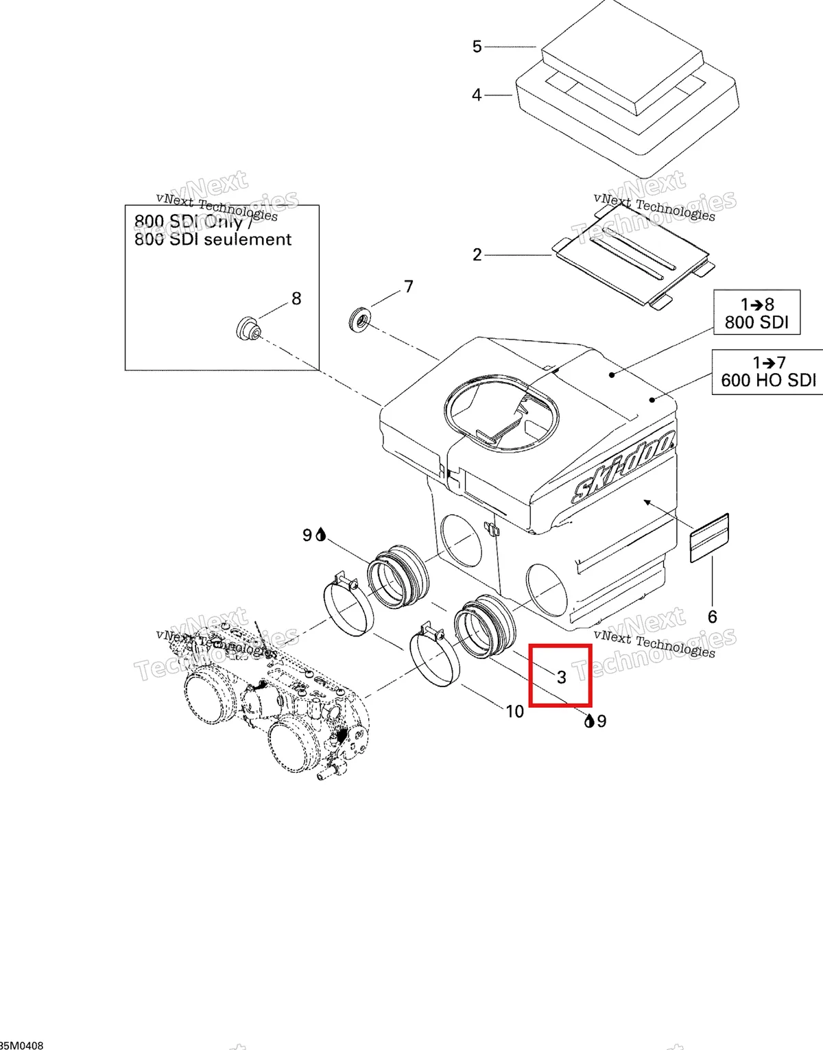 Деталь 508000092 (Впускной Адаптер) на схеме узла 2004 Ski-Doo Legend 600 HO SDI Air Intake System
