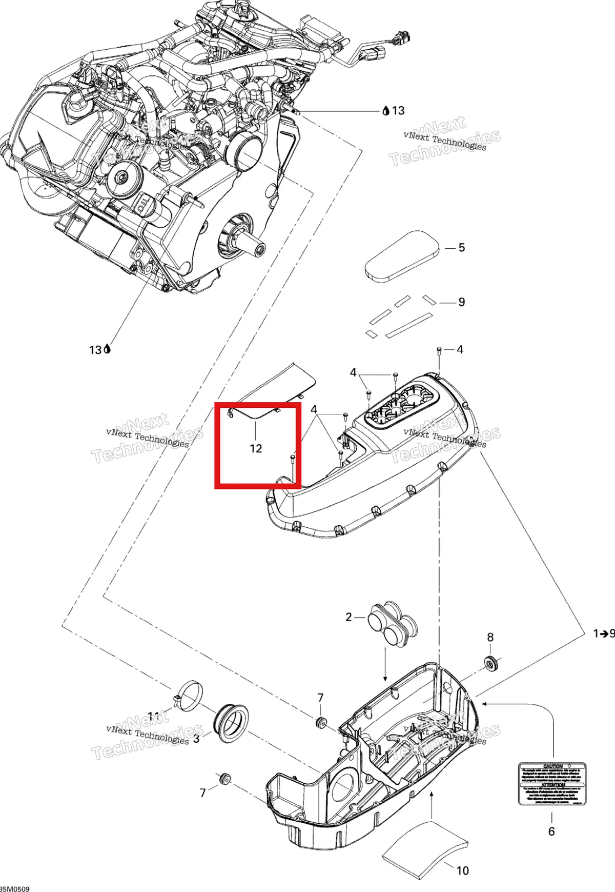 Деталь 508000253 (Кожух) на схеме узла 2005 Ski-Doo Legend V-1000 Air Intake System