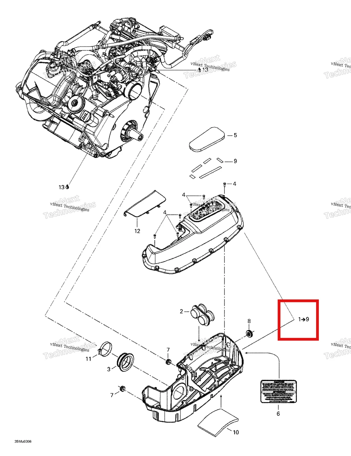 Деталь 508000315 (Деталь Air Intake Assy. Includes Items 1 Thru 9) на схеме узла 2003 Ski-Doo Grand Touring V-1000 Air Intake System