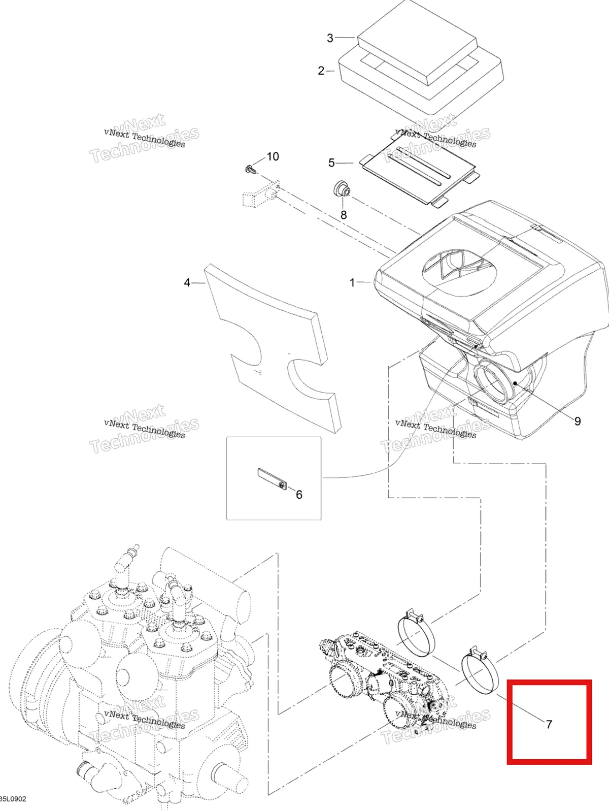 Деталь 508000382 (Зажим) на схеме узла 2009 Ski-Doo Expedition TUV 600 H.O. SDI Air Intake System