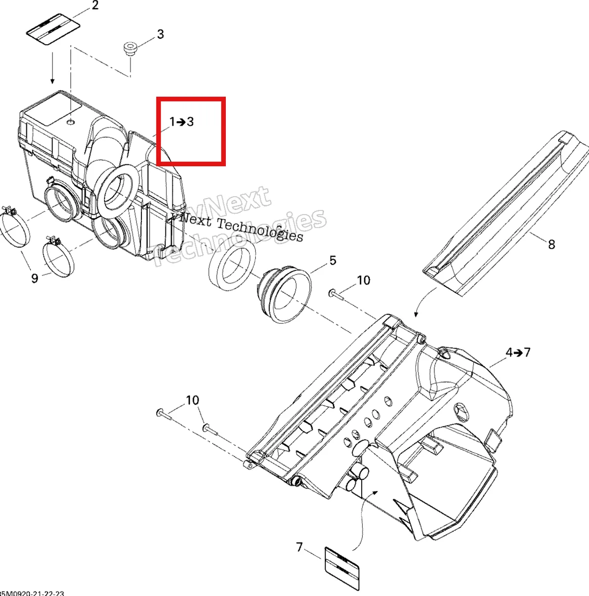 Деталь 508000383 (Деталь Air Intake Ass'y. Includes 1 To 7) на схеме узла 2009 Ski-Doo GSX Fan Air Intake System