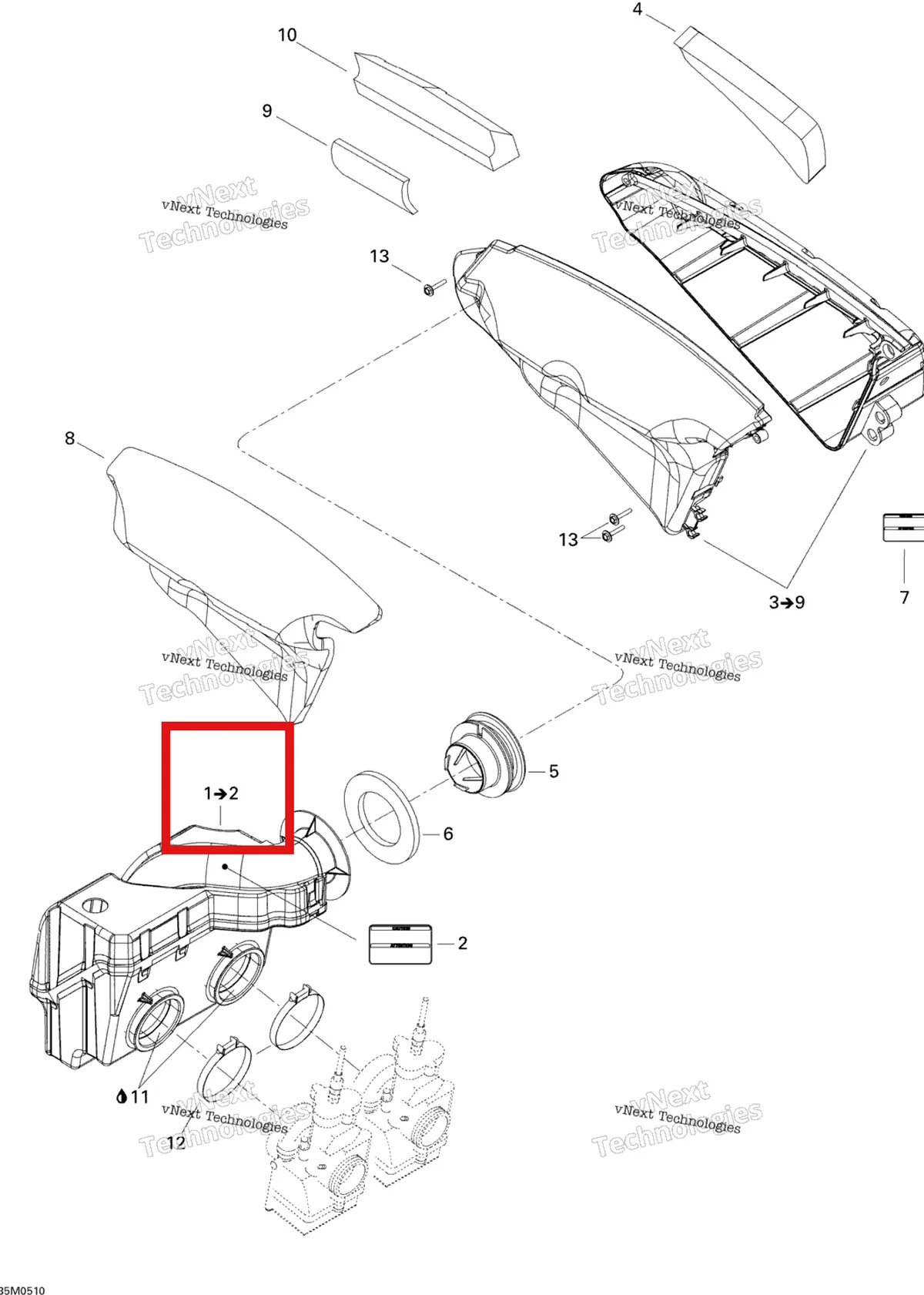 Деталь 508000384 (Деталь Primary Chamber Ass'y. Includes 1 To 2) на схеме узла 2005 Ski-Doo MX Z X 440 Racing Air Silencer