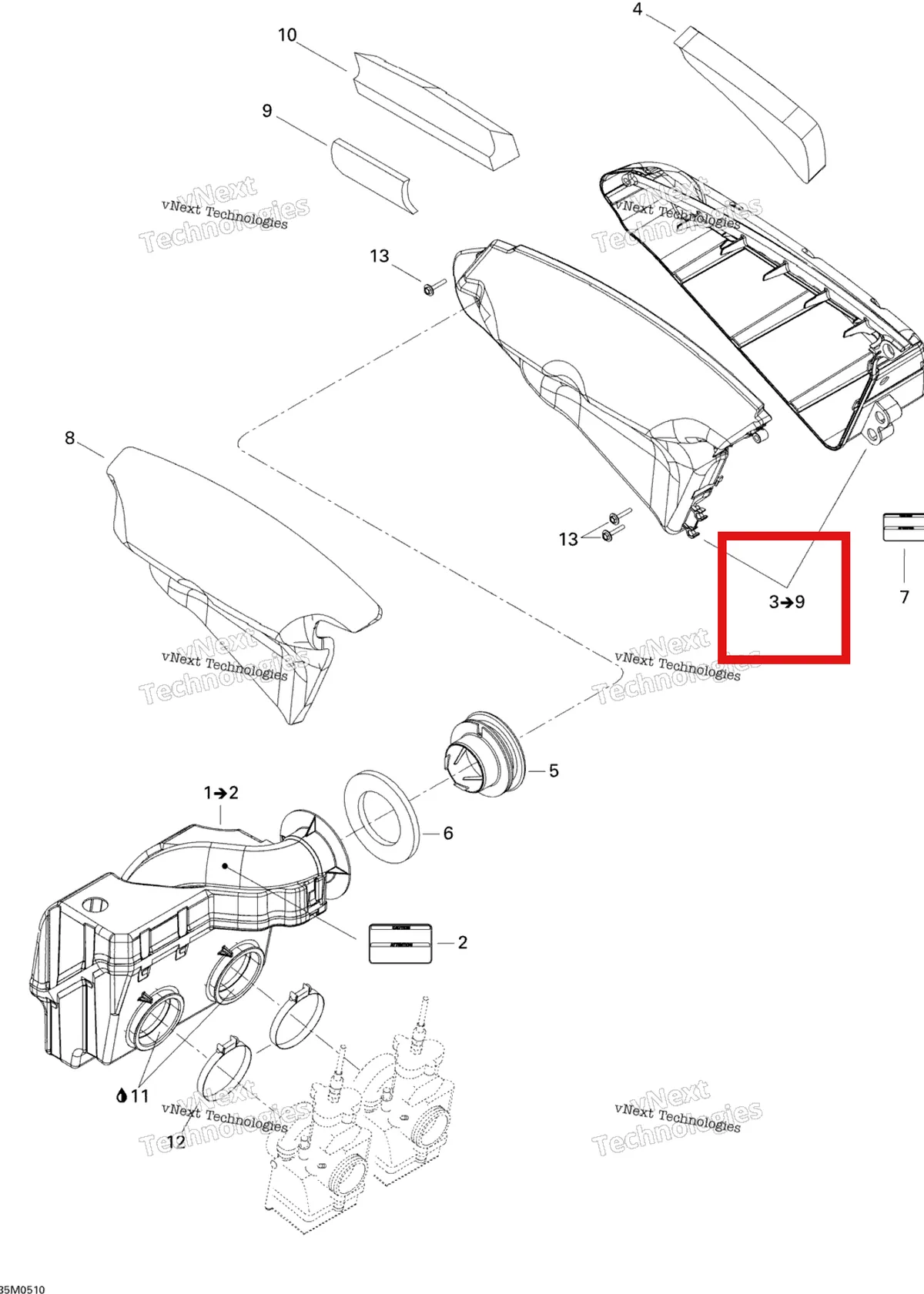 Деталь 508000429 (Деталь Secondary Chamber Ass'y. Includes 5 To 11) на схеме узла 2005 Ski-Doo MX Z X 440 Racing Air Silencer