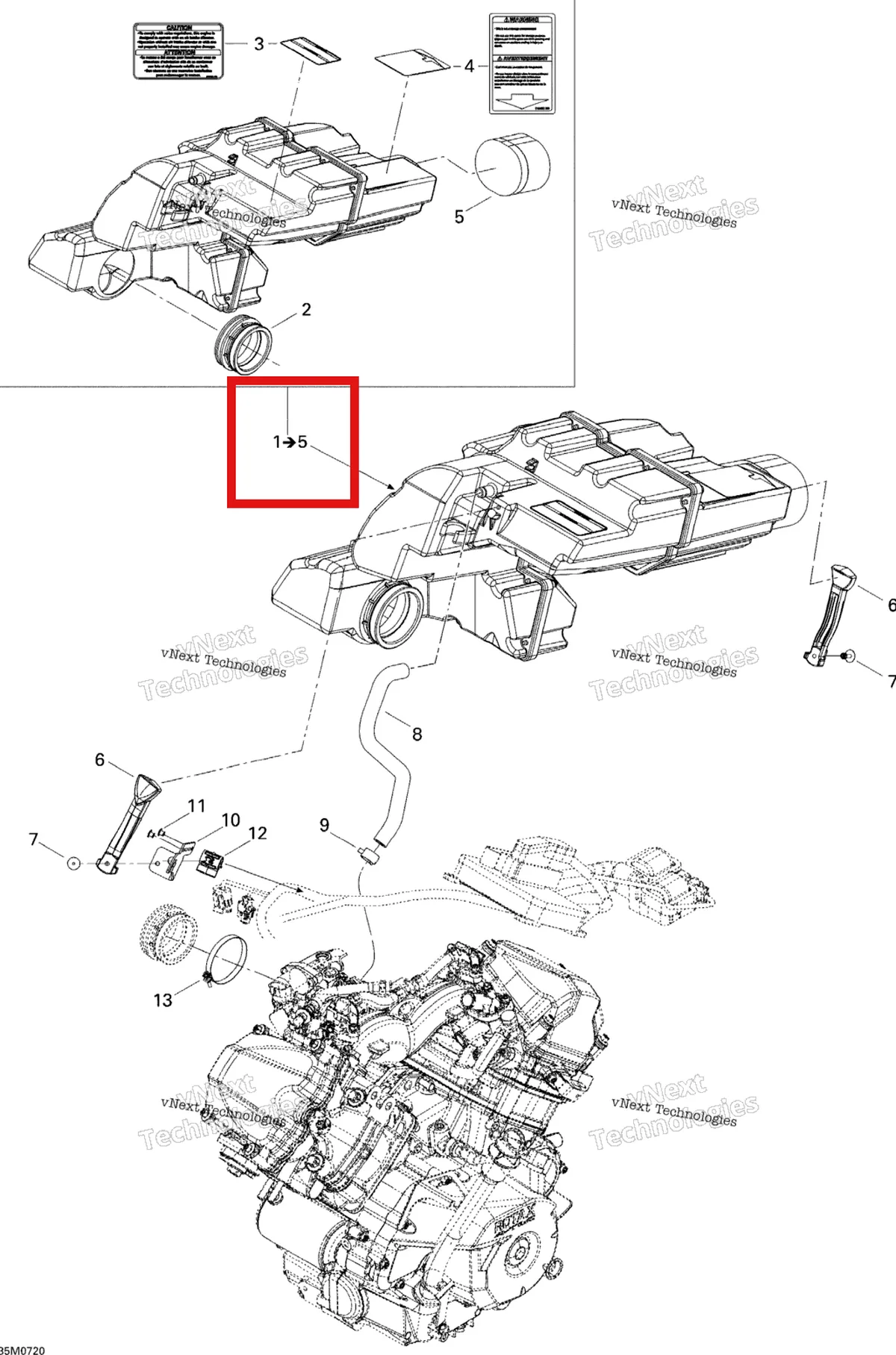Деталь 508000488 (Деталь Air Intake Silencer Ass'y. Includes 1 To 5) на схеме узла 2007 Ski-Doo Expedition Sport V-800 Air Intake System