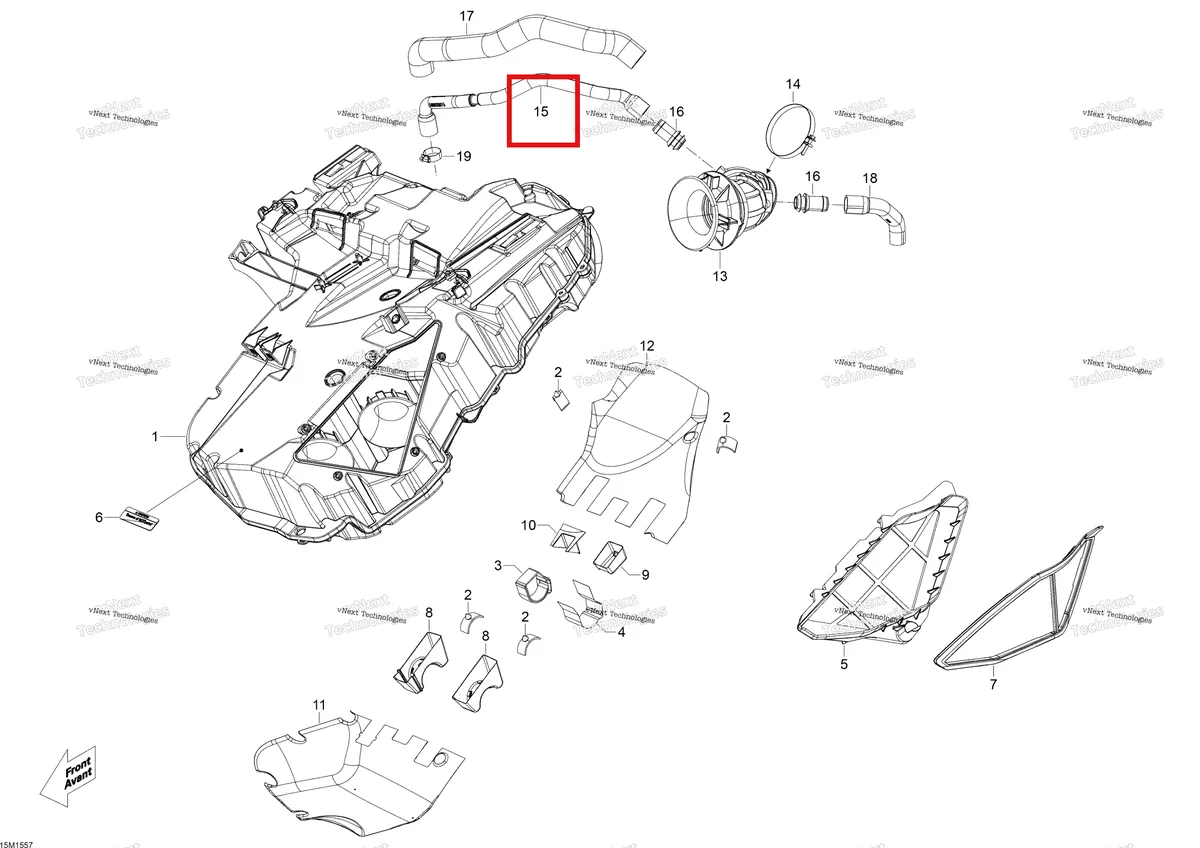 Деталь 508000615 (Деталь Vent Hose) на схеме узла 2015 Ski-Doo EXPEDITION LE 1200 4-TEC Air Intake System