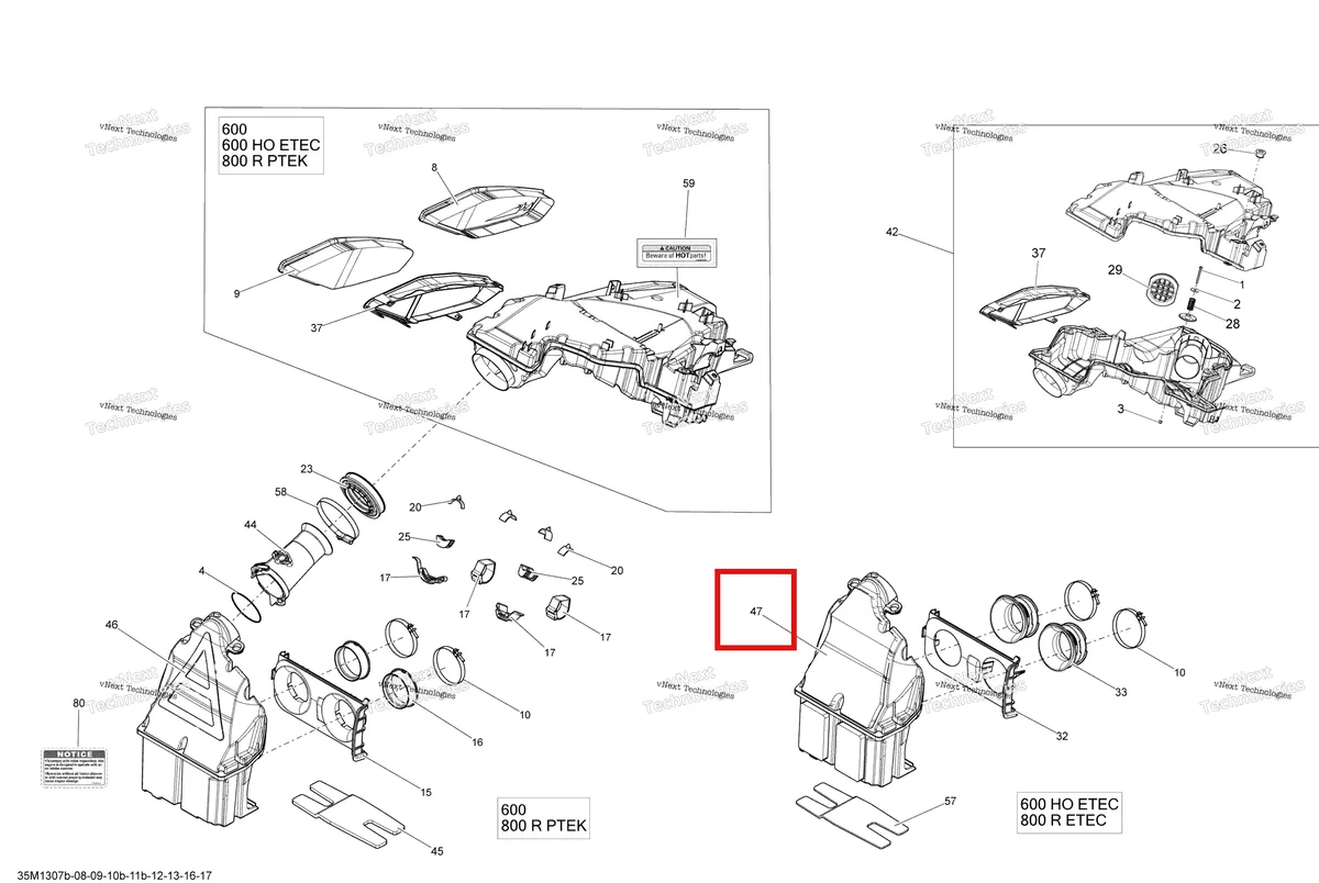 Деталь 508000681 (Деталь Primary Chamber Ass'y. Includes 15 To 16, 600ho Etec) на схеме узла 2013 Ski-Doo SUMMIT SP 600HOE XP Air Intake System