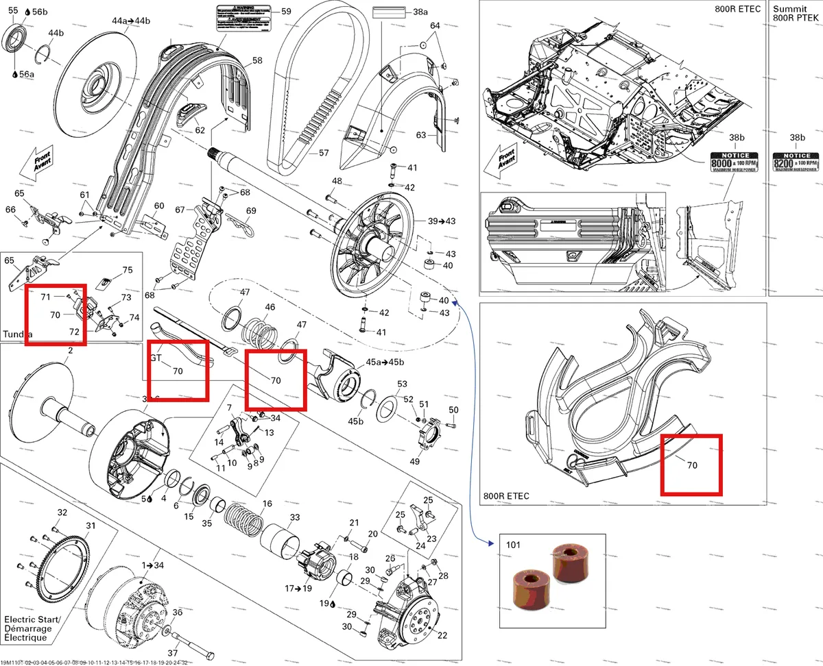 Деталь 508000702 (Деталь Belt Plate) на схеме узла 2011 Ski-Doo Summit FREERIDE 800R E-TEC Pulley System