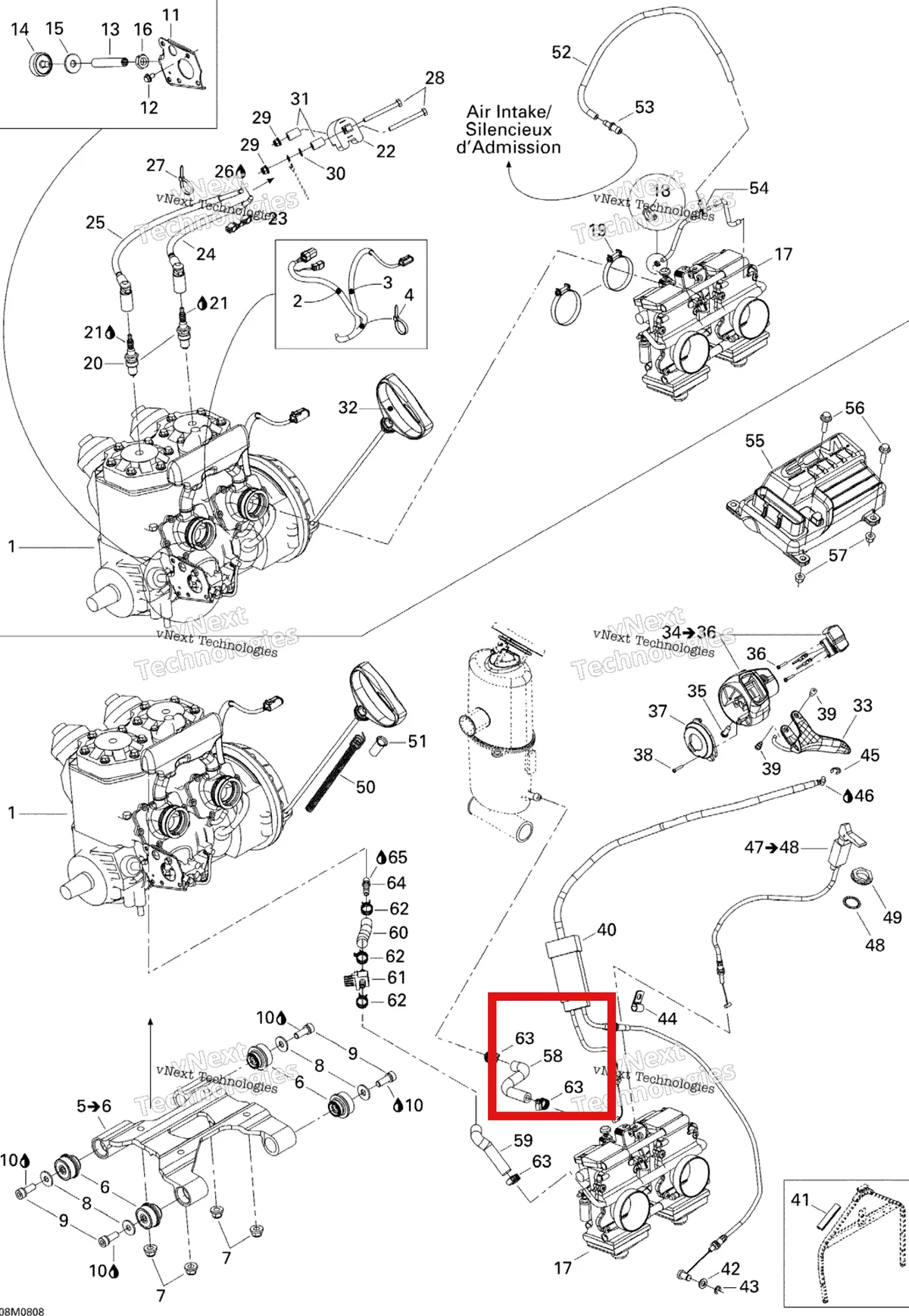 Деталь 509000171 (Шланг) на схеме узла 2008 Ski-Doo GTX SPORT 500SS Engine