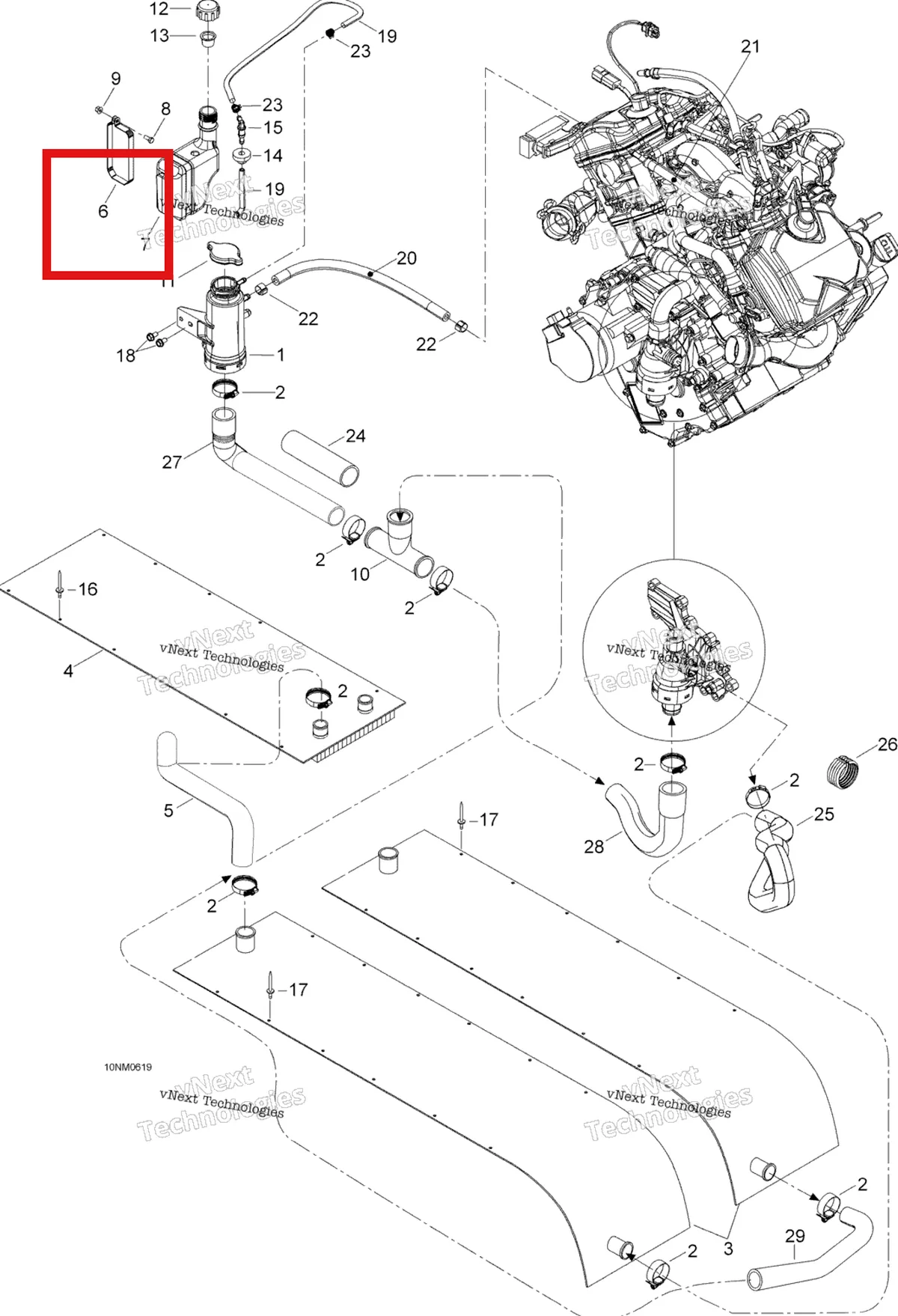 Деталь 509000191 (Деталь Bracket, Coolant-tank) на схеме узла 2006 Ski-Doo Expedition V-1000 Cooling System
