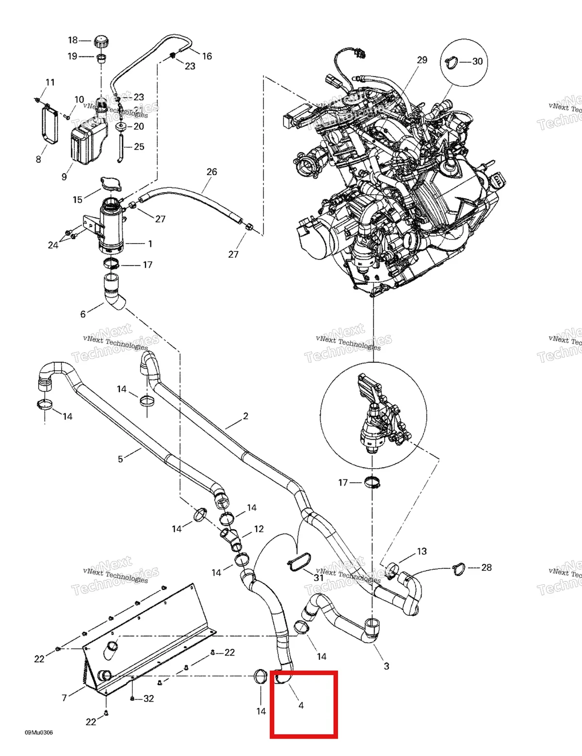 Деталь 509000193 (Деталь Hose, Tank-front Radiator) на схеме узла 2003 Ski-Doo Grand Touring V-1000 Cooling System