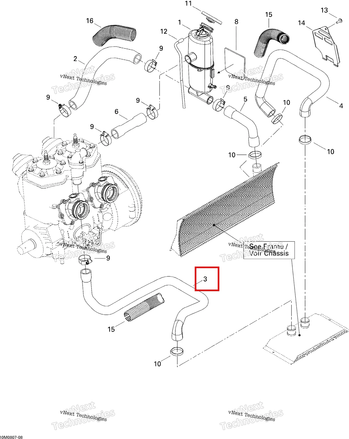 Деталь 509000334 (Шланг) на схеме узла 2008 Ski-Doo GTX LTD 600 HO SDI Cooling System