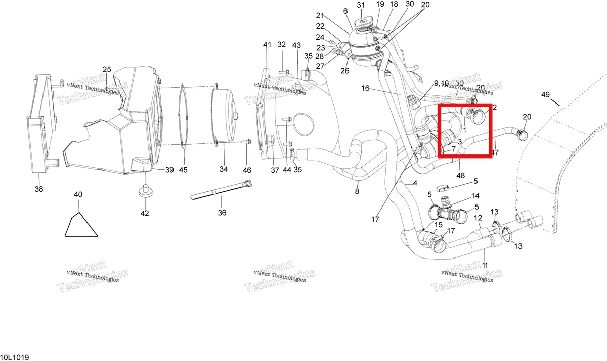 Деталь 509000522 (Патрубок) на схеме узла 2010 Ski-Doo Expedition TUV SE 600HO SDI XU Cooling System