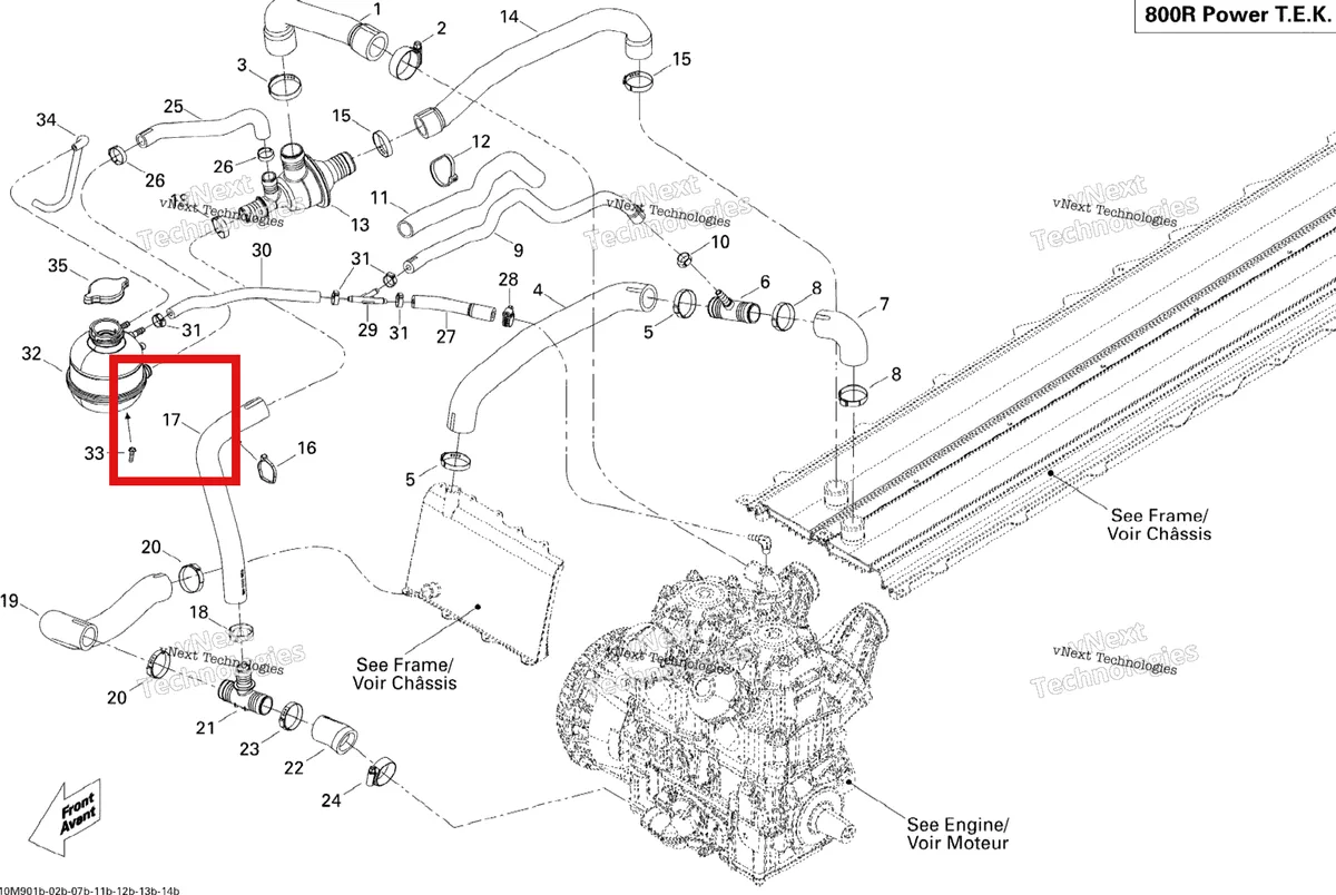 Деталь 509000555 (Хомут) на схеме узла 2009 Ski-Doo Summit HillClimb Edition Cooling System