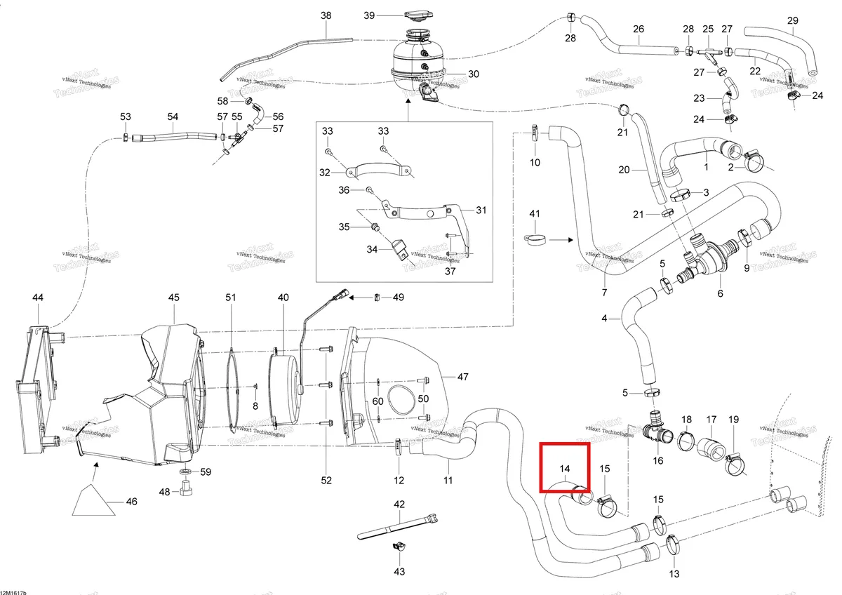 Деталь 509000589 (Шланг радиатора) на схеме узла 2016 Ski-Doo SKANDIC - 2-STROKE Cooling System - 600 E-Tec