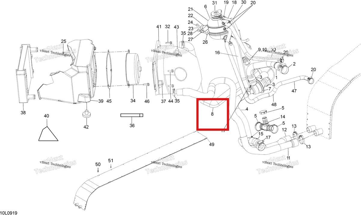 Деталь 509000596 (Термостат Выпускной Шланг) на схеме узла 2009 Ski-Doo Expedition TUV 600 H.O. SDI REV-XU Cooling System